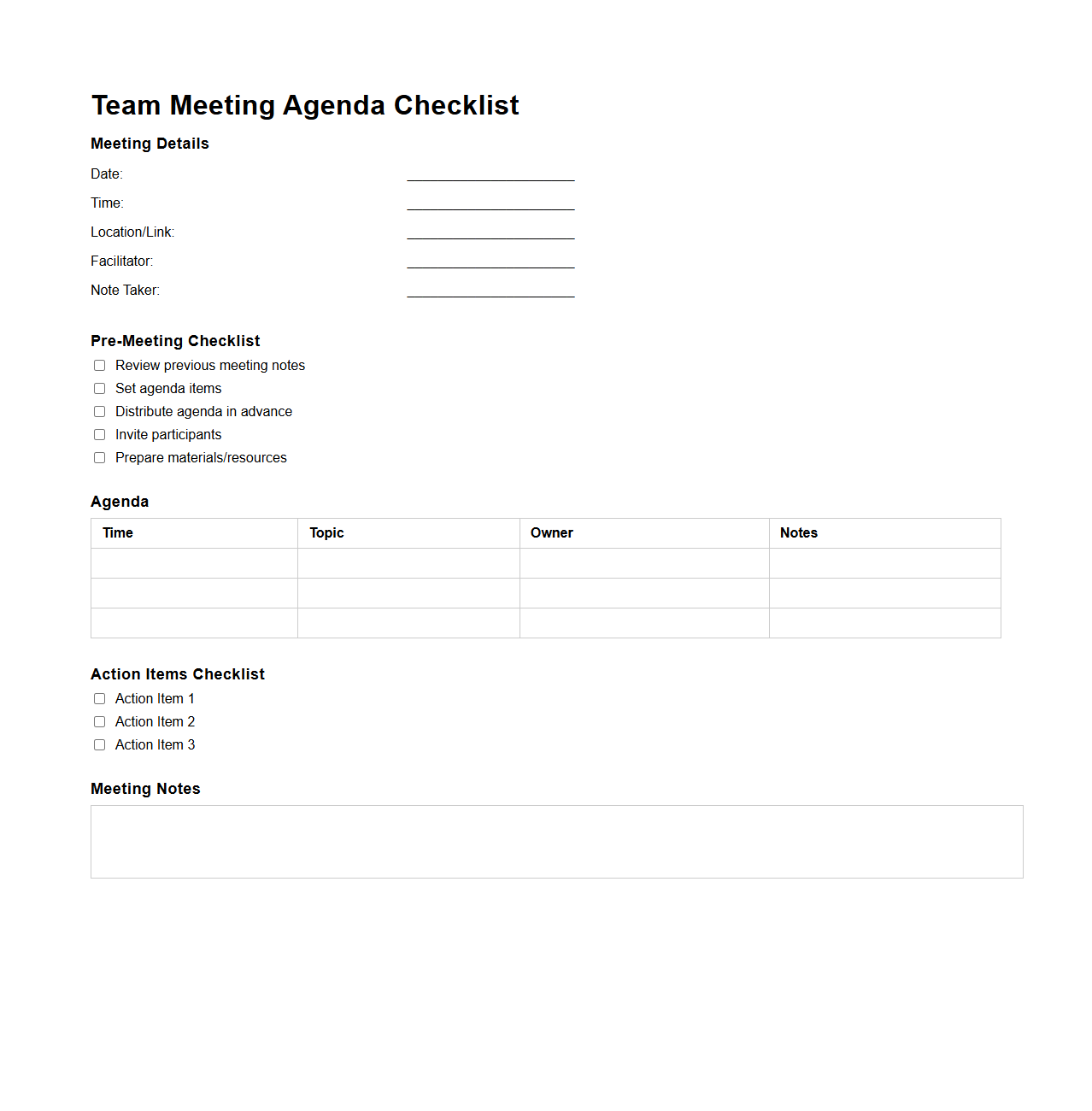 Blank Team Meeting Agenda Checklist