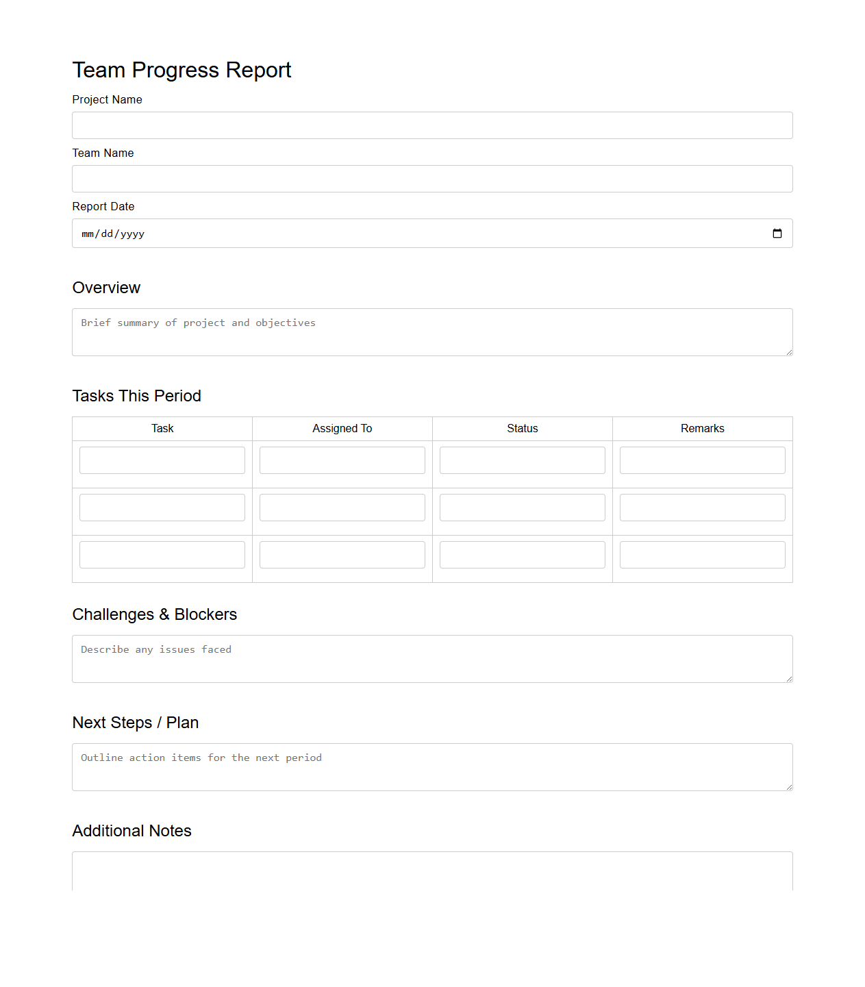 Blank Team Progress Report for Projects