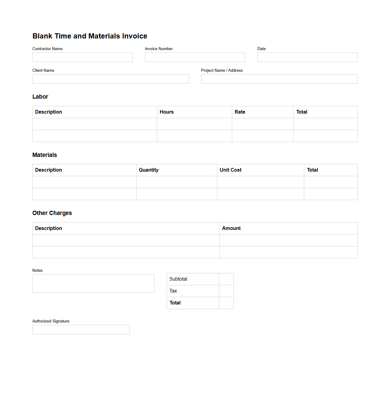Blank Time and Materials Invoice for Construction