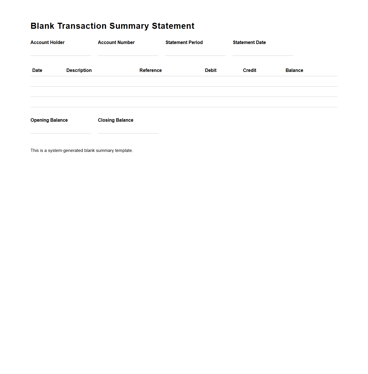 Blank Transaction Summary Statement Template