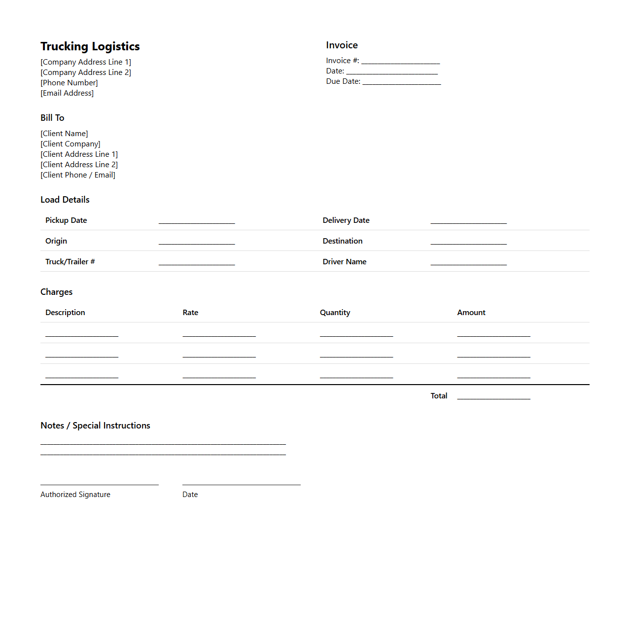 Blank Trucking Logistics Invoice Template