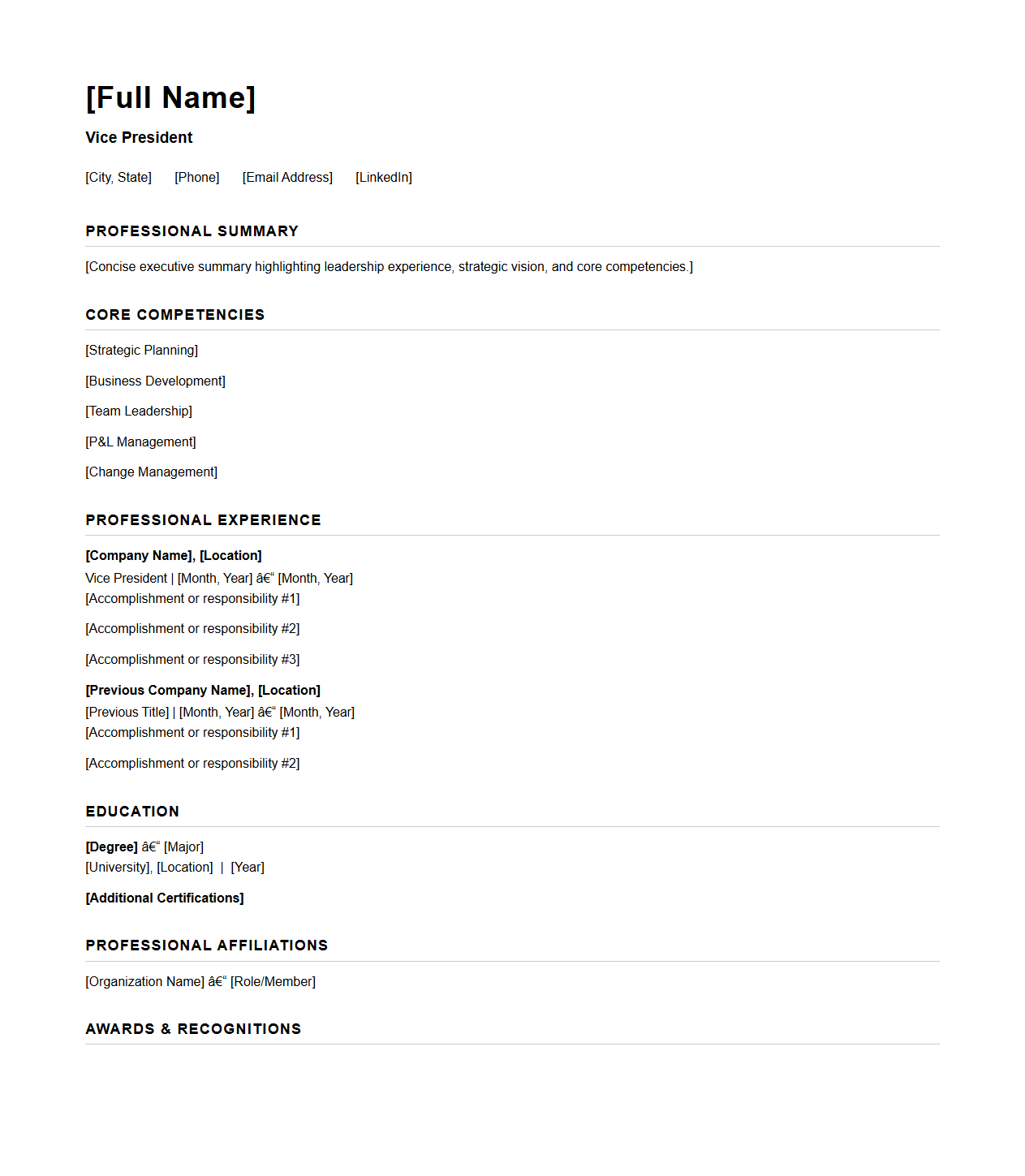 Blank Vice President Resume Template for Upper Management