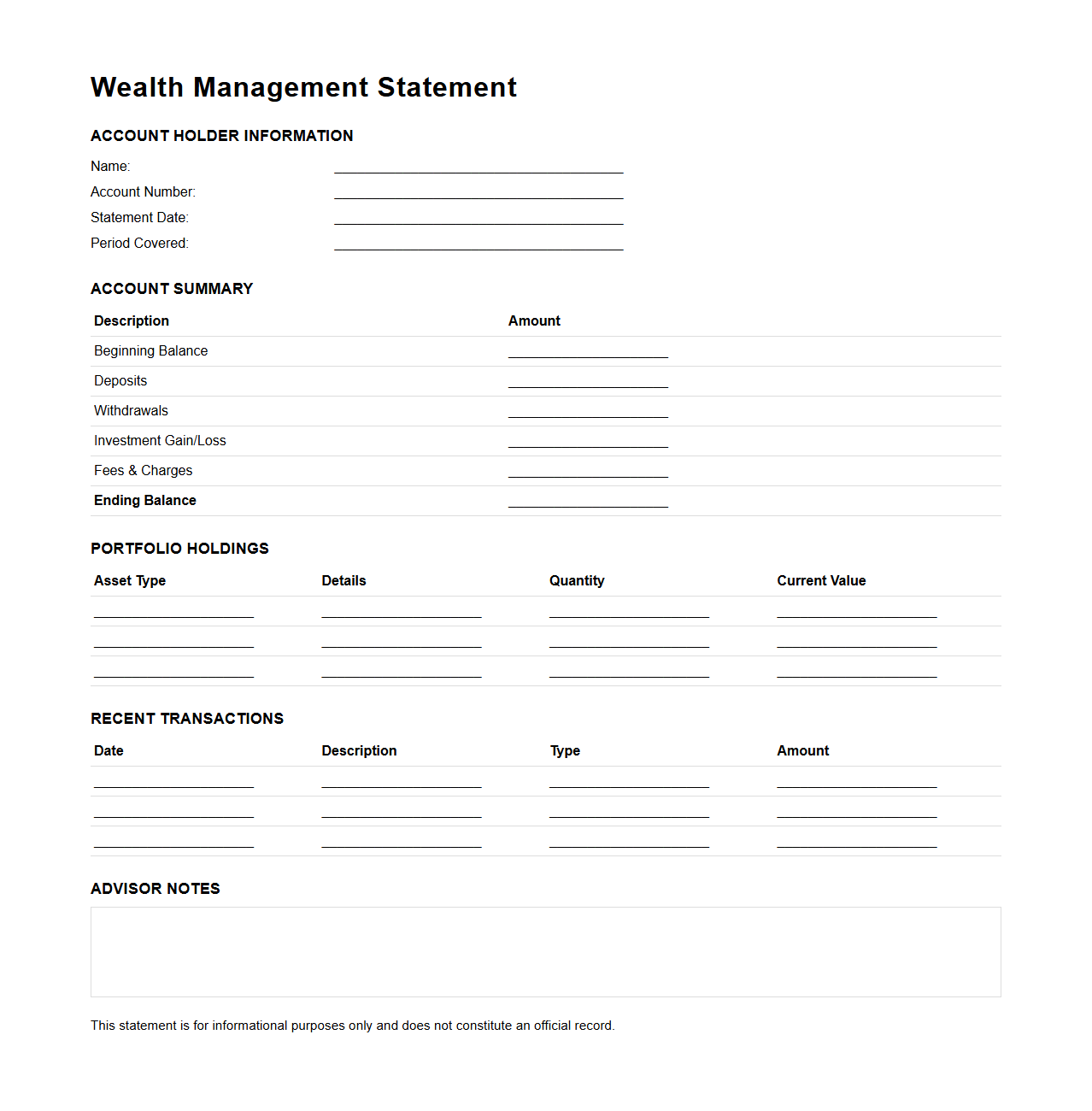 Blank Wealth Management Statement Template