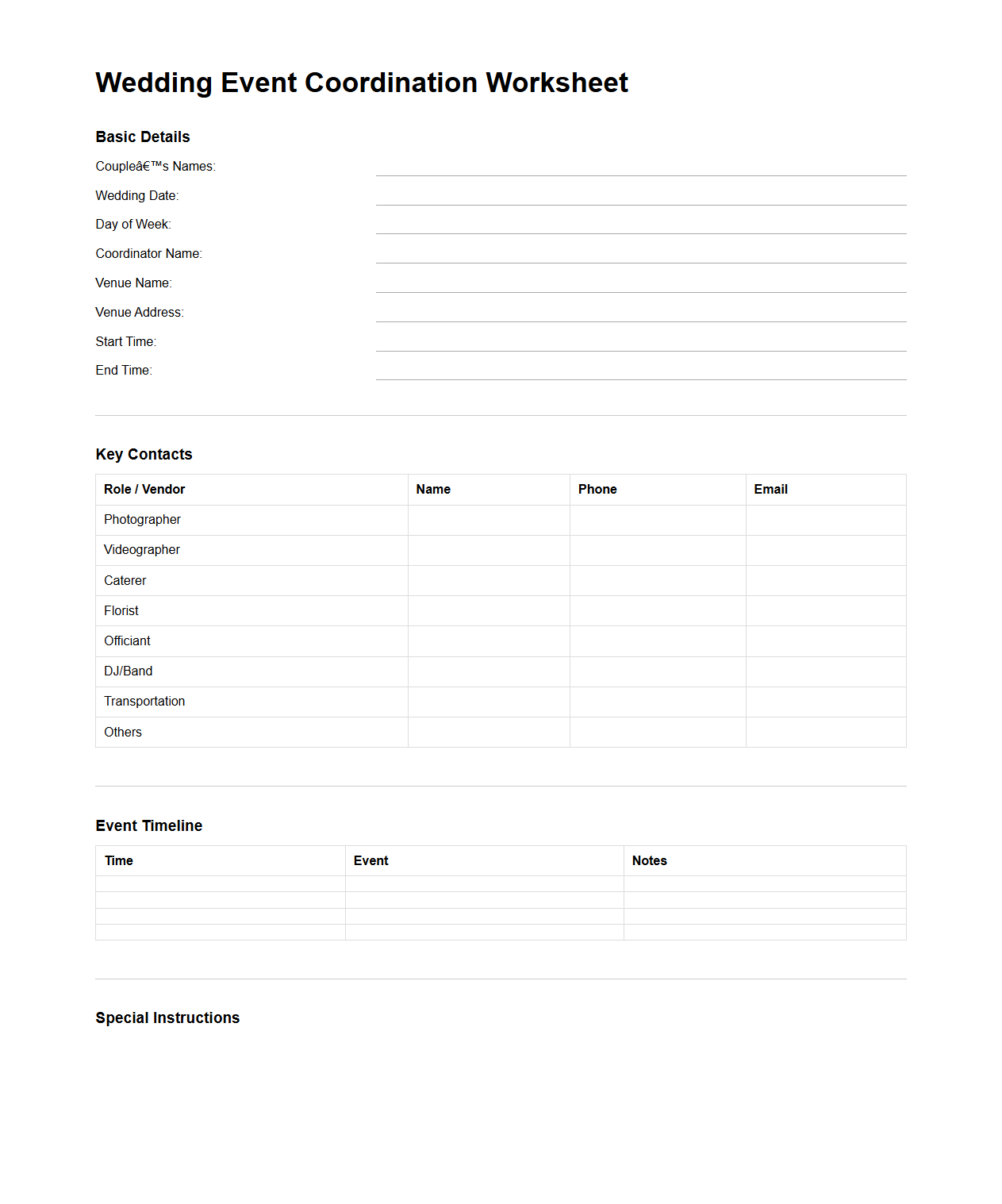 Blank Wedding Event Coordination Worksheet