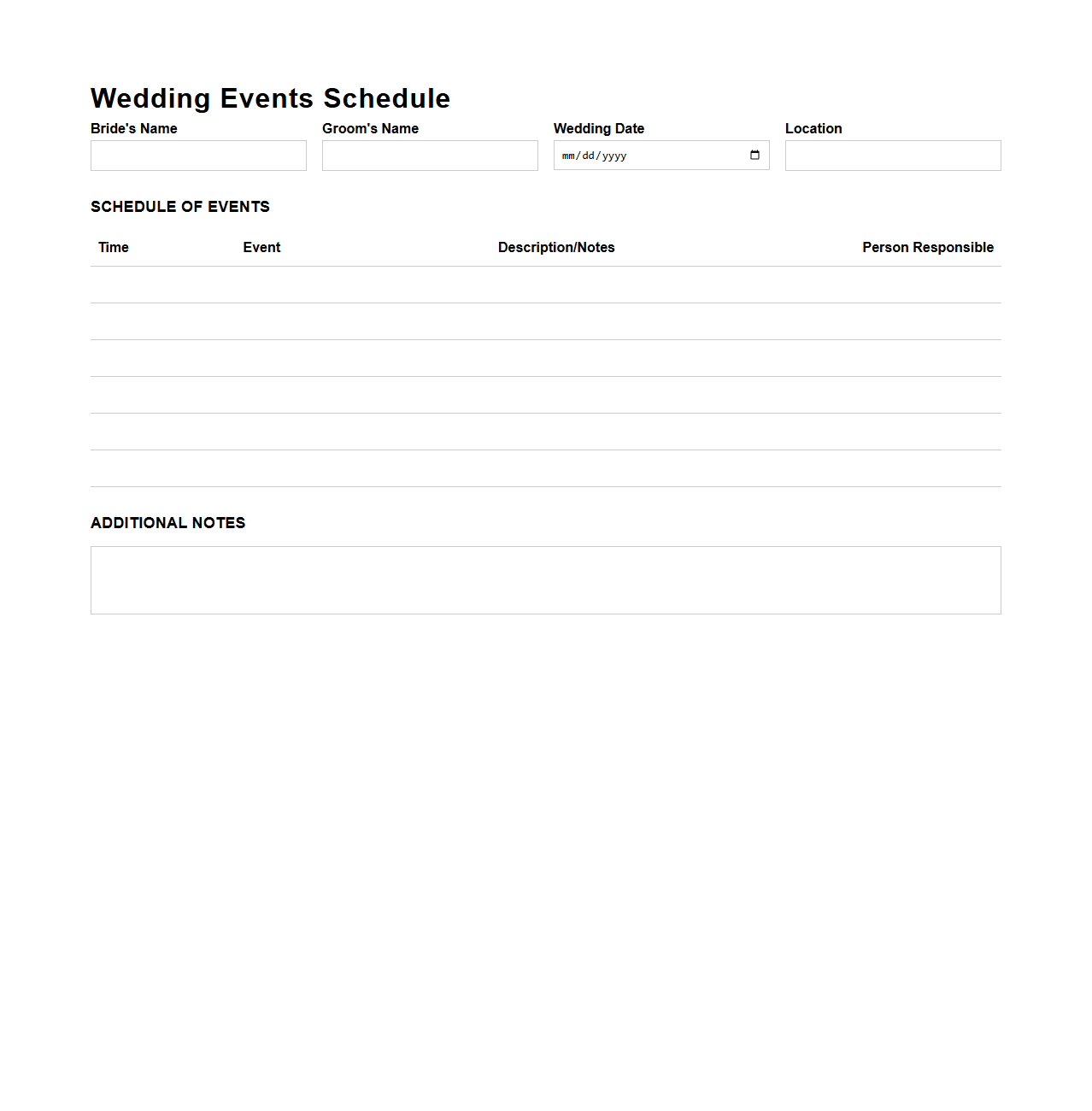Blank Wedding Events Schedule Template for Planners