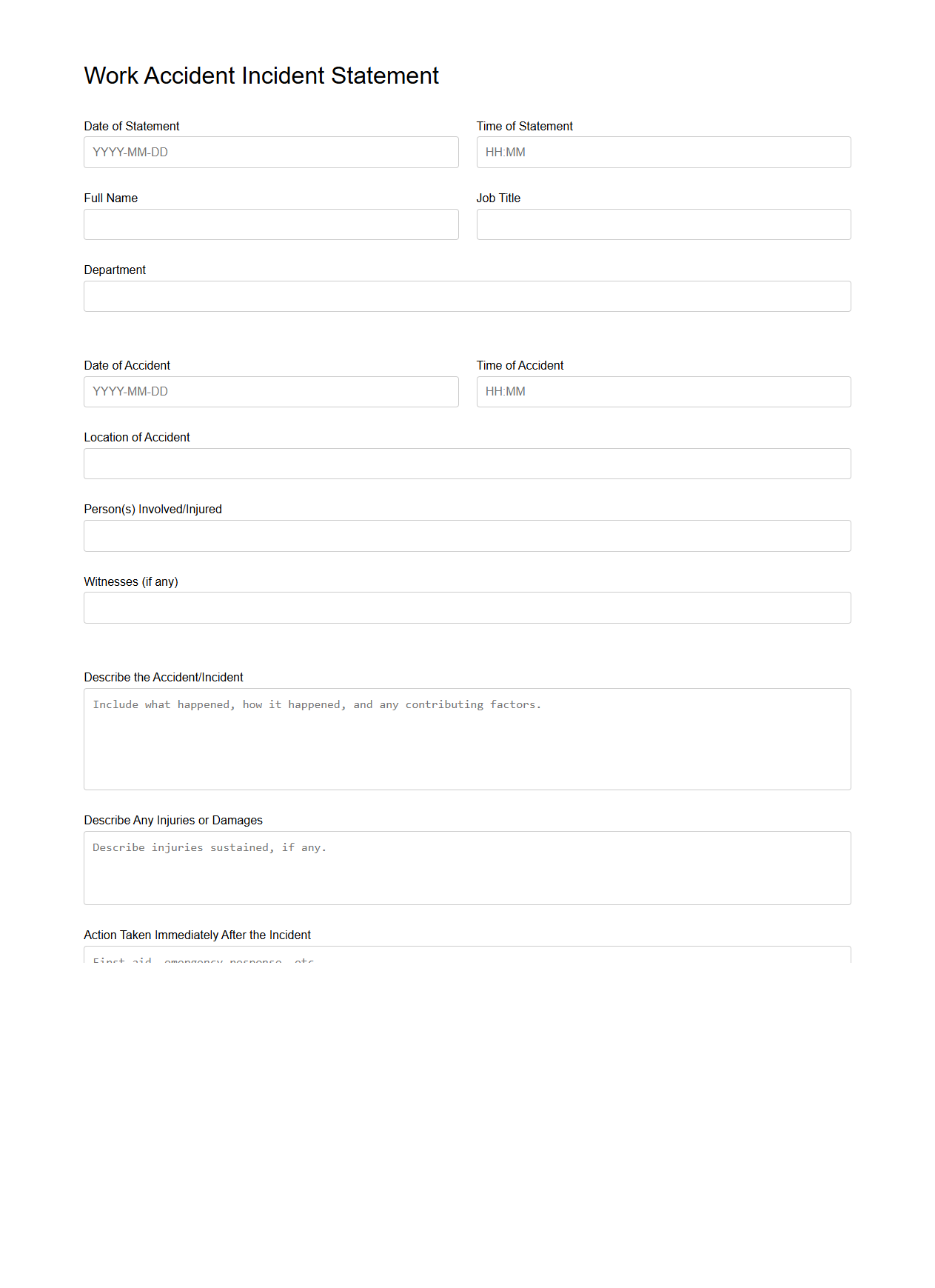 Blank Work Accident Incident Statement Template