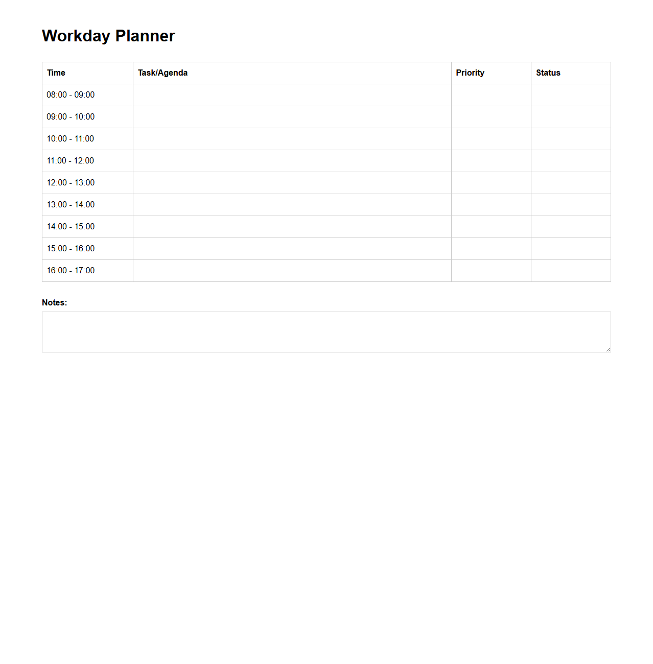 Blank Workday Planner Template for Professionals