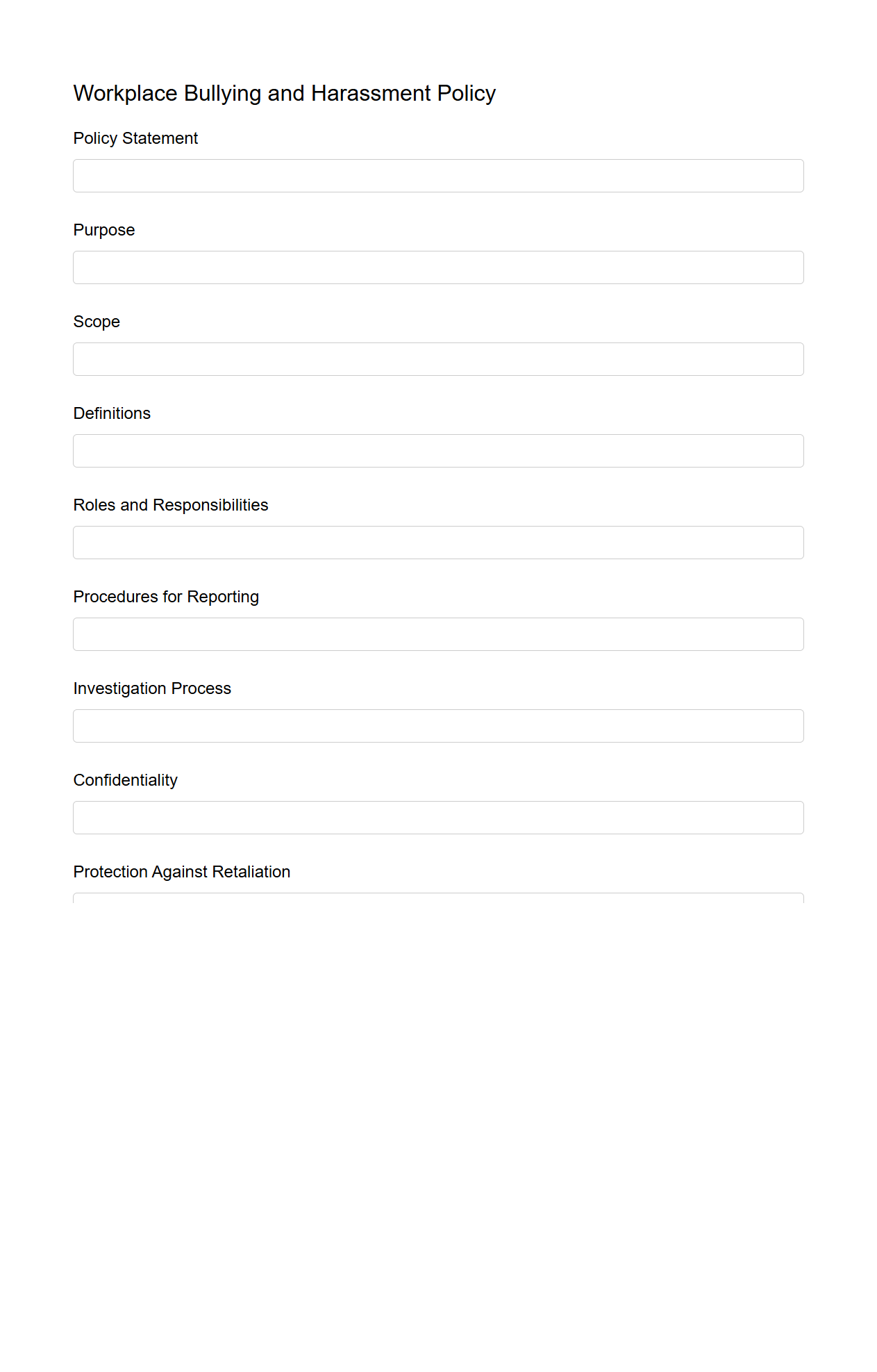 Blank Workplace Bullying and Harassment Policy Sheet