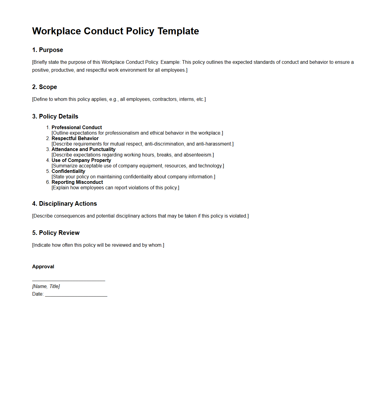 Blank Workplace Conduct Policy Template