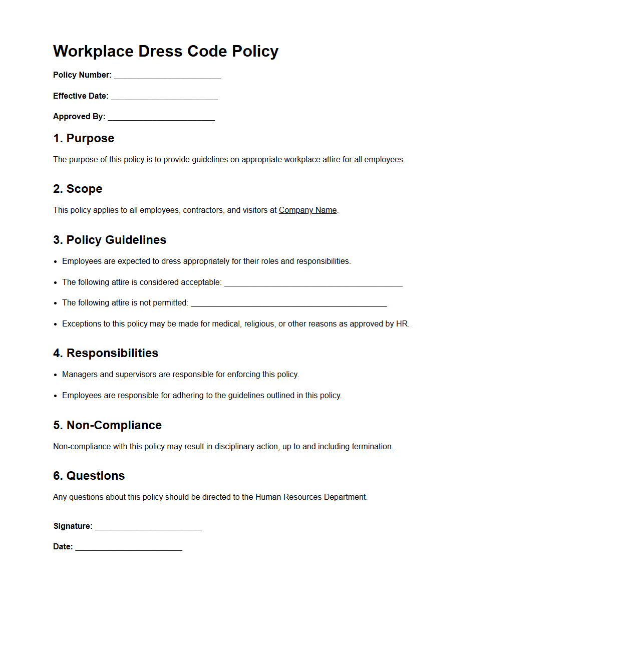 Blank Workplace Dress Code Policy Template