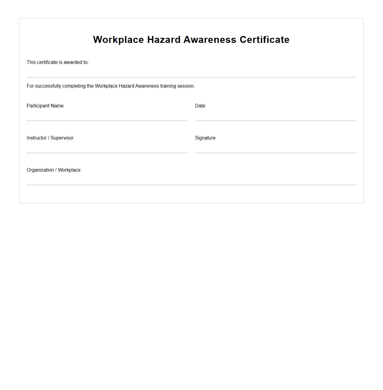 Blank Workplace Hazard Awareness Certificate