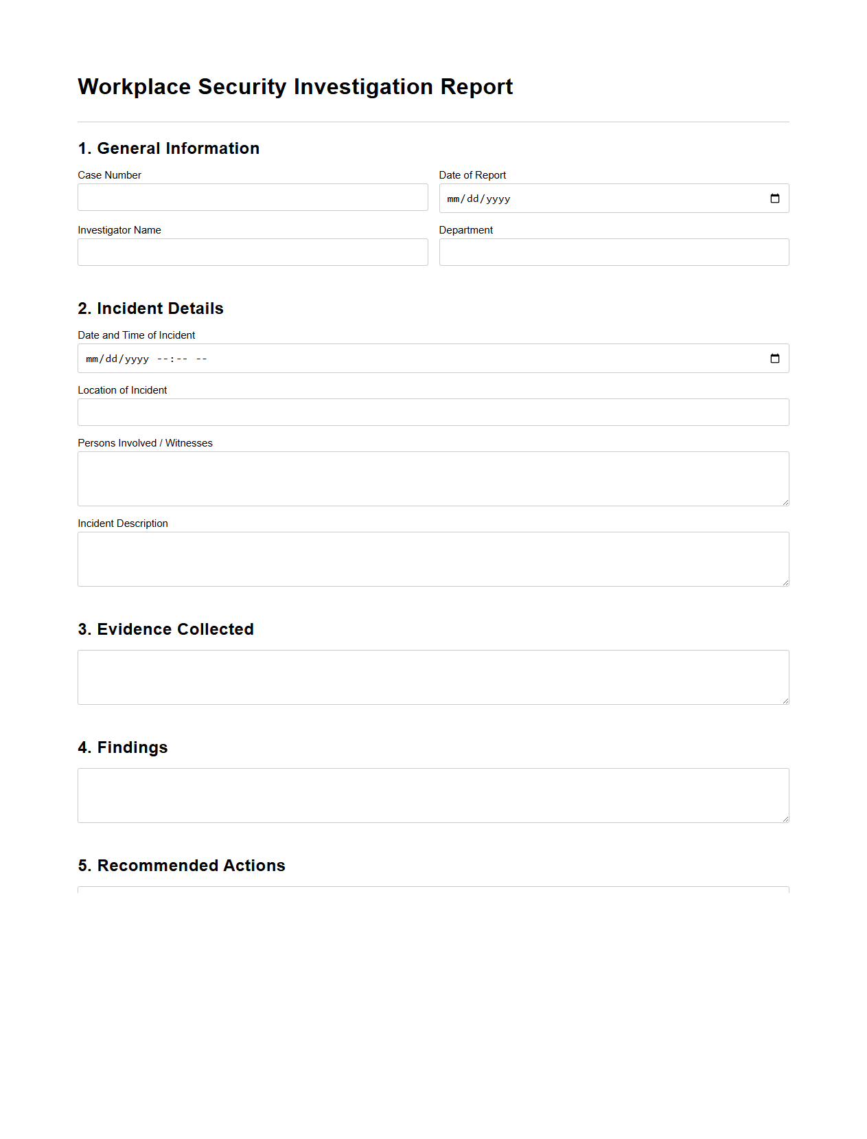 Blank Workplace Security Investigation Report