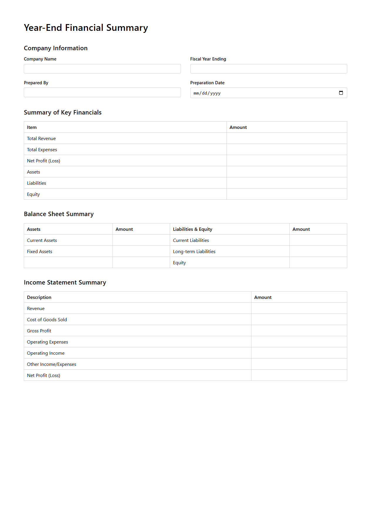 Blank Year-End Financial Summary Template for Accountants