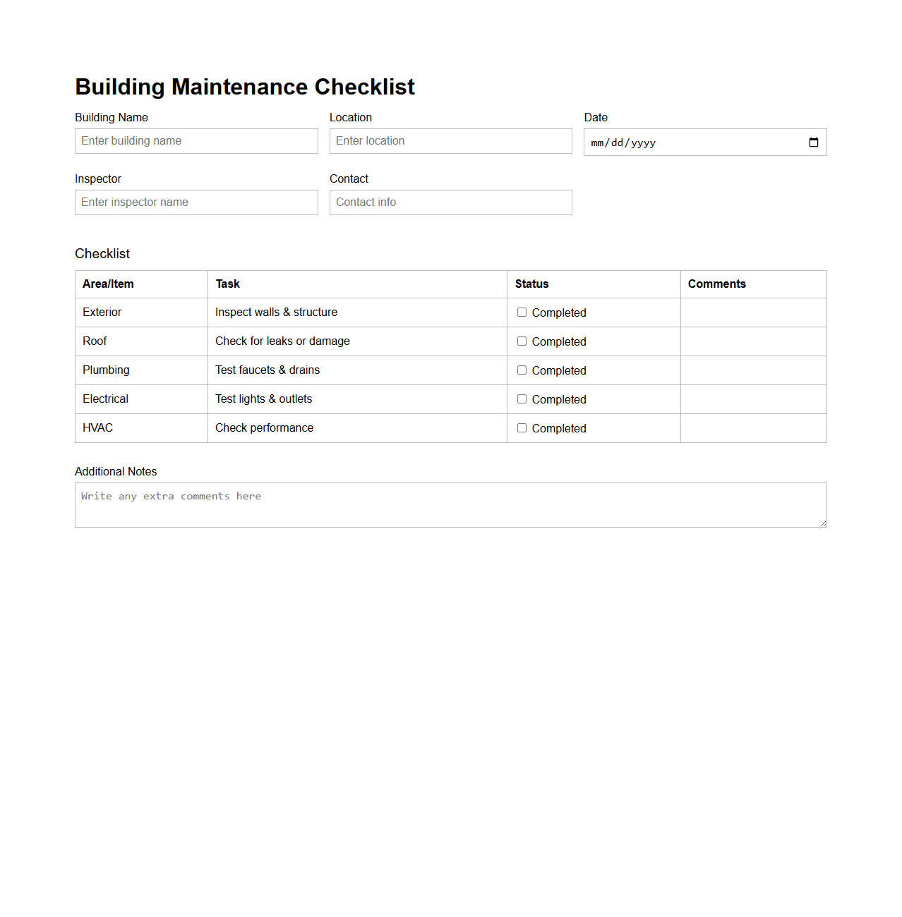 Building Maintenance Checklist Template