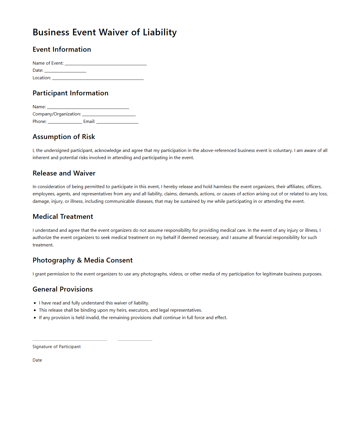 Business Event Waiver of Liability Document