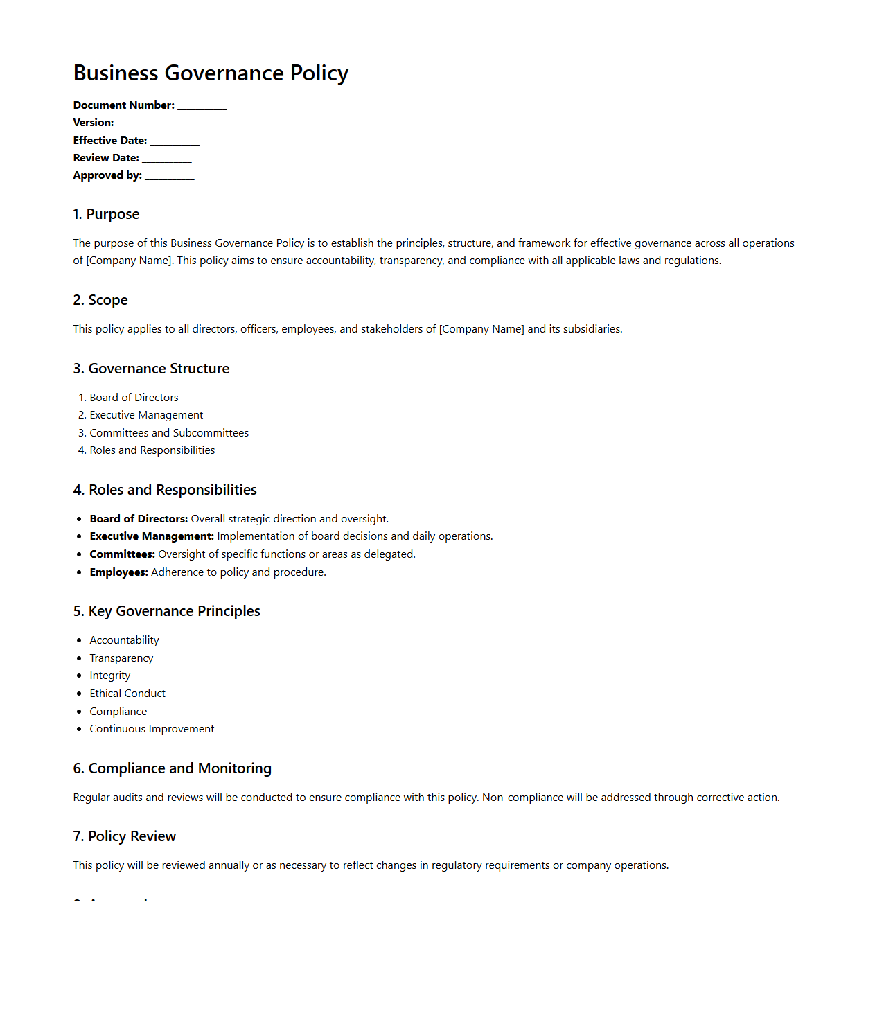 Business Governance Policy Template