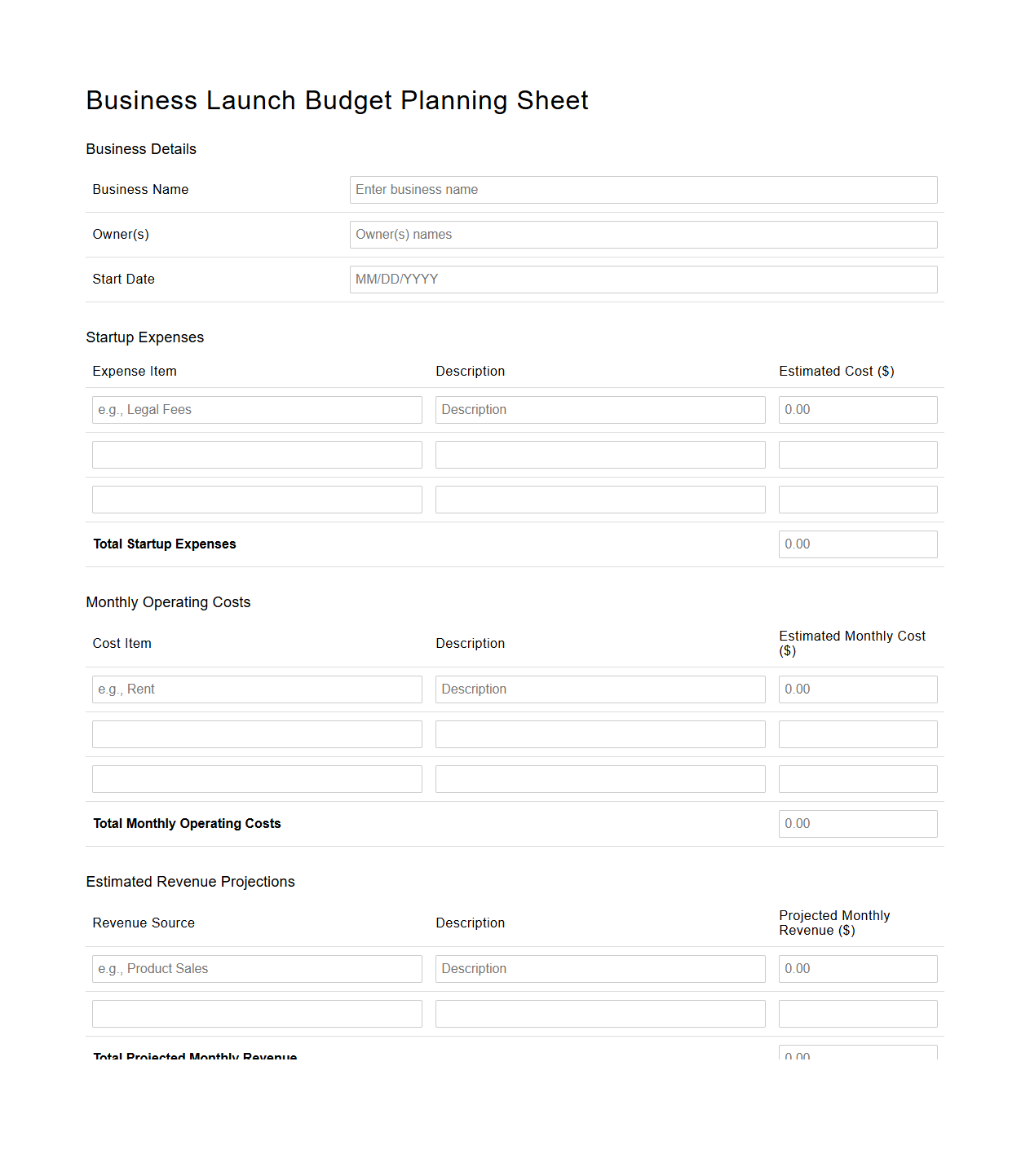 Business Launch Budget Planning Sheet