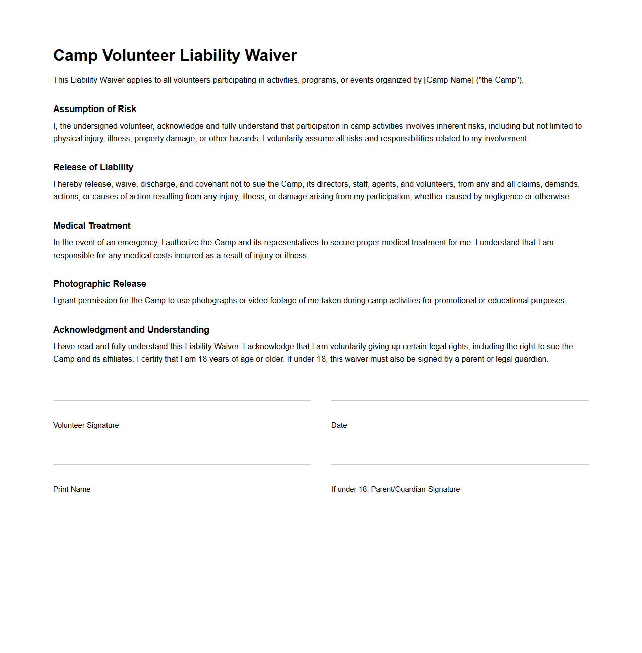 Camp Volunteer Liability Waiver