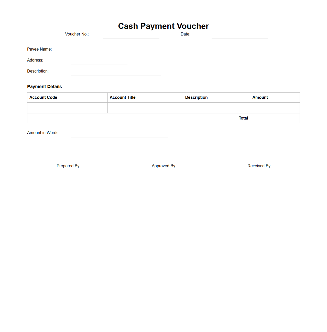 Cash Payment Voucher Template