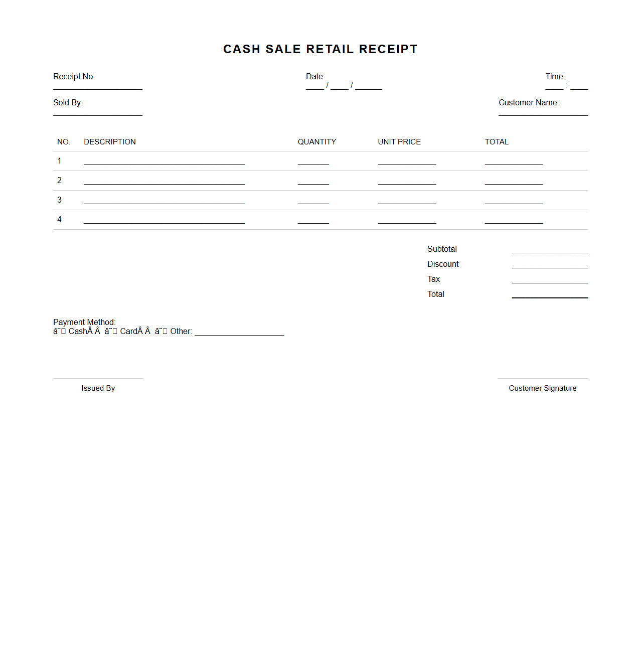 Cash Sale Blank Retail Receipt Template