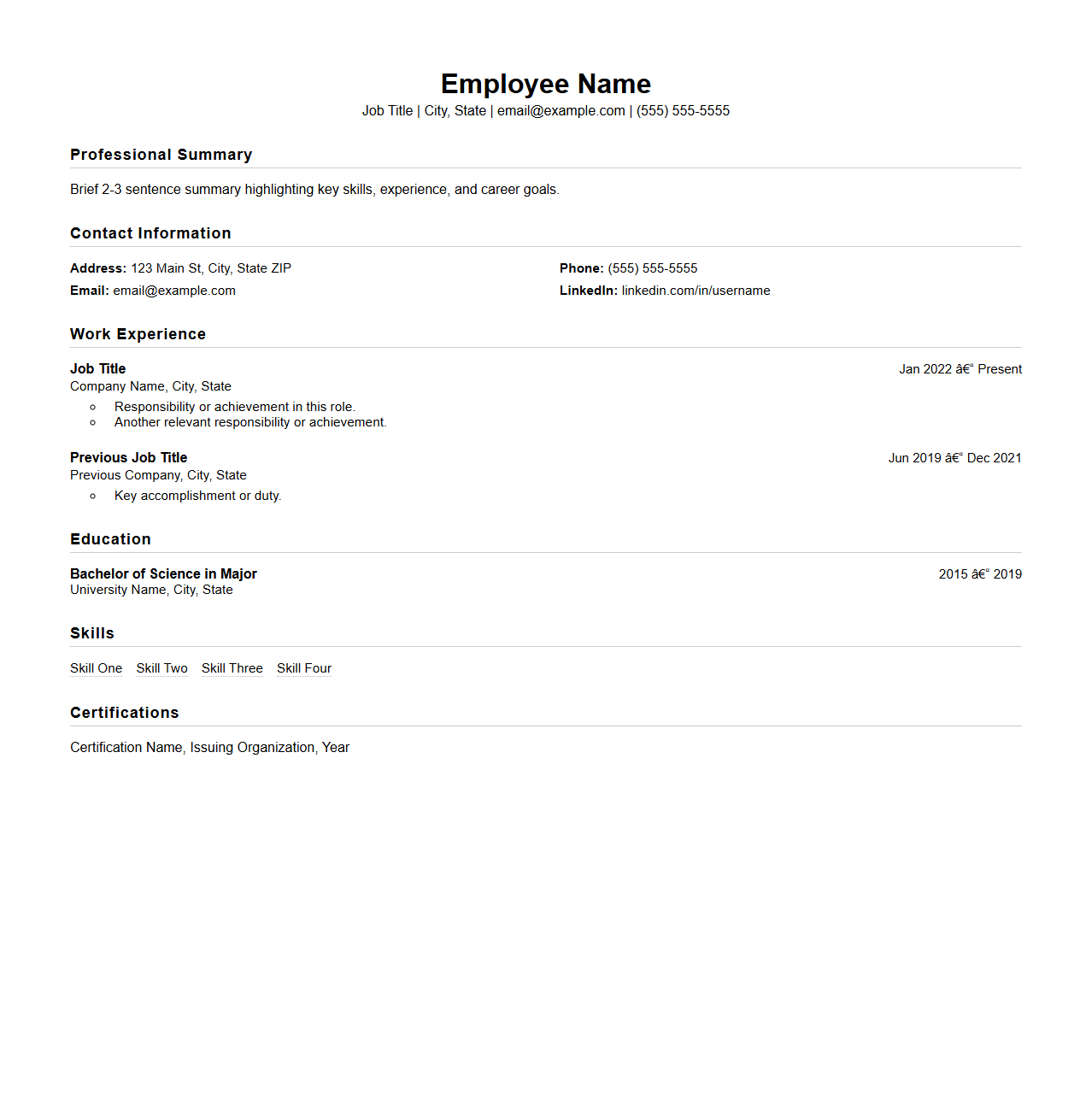 Chronological Employee Resume Sheet