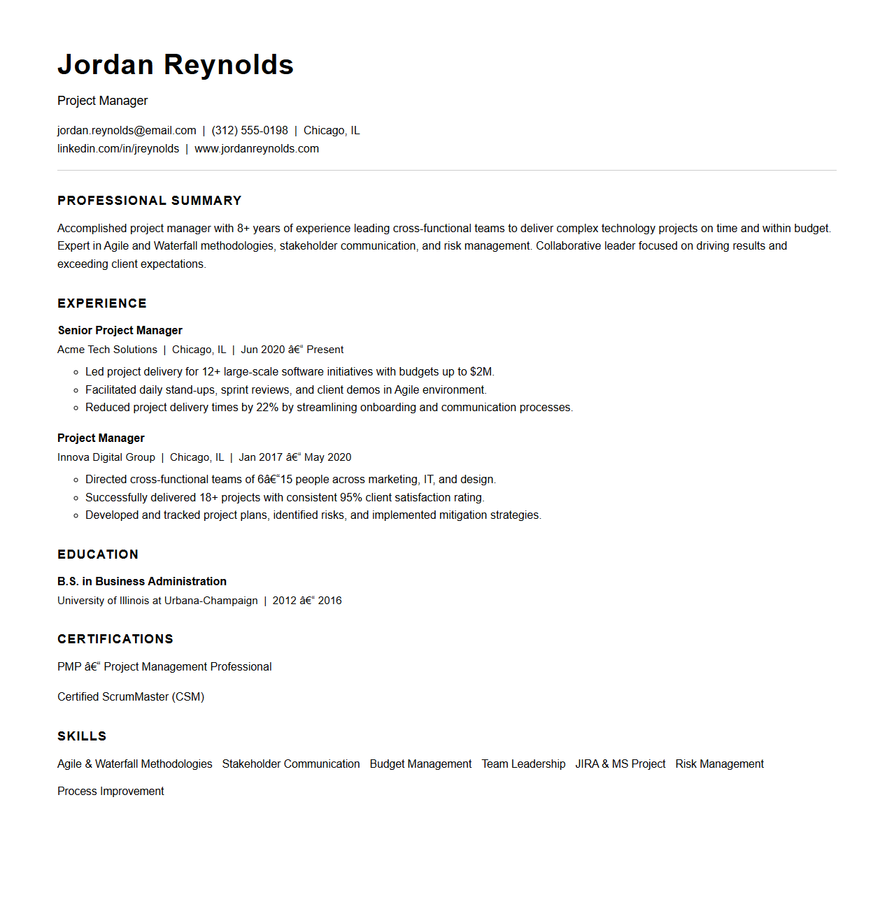 Clean Design Resume Example for Project Managers