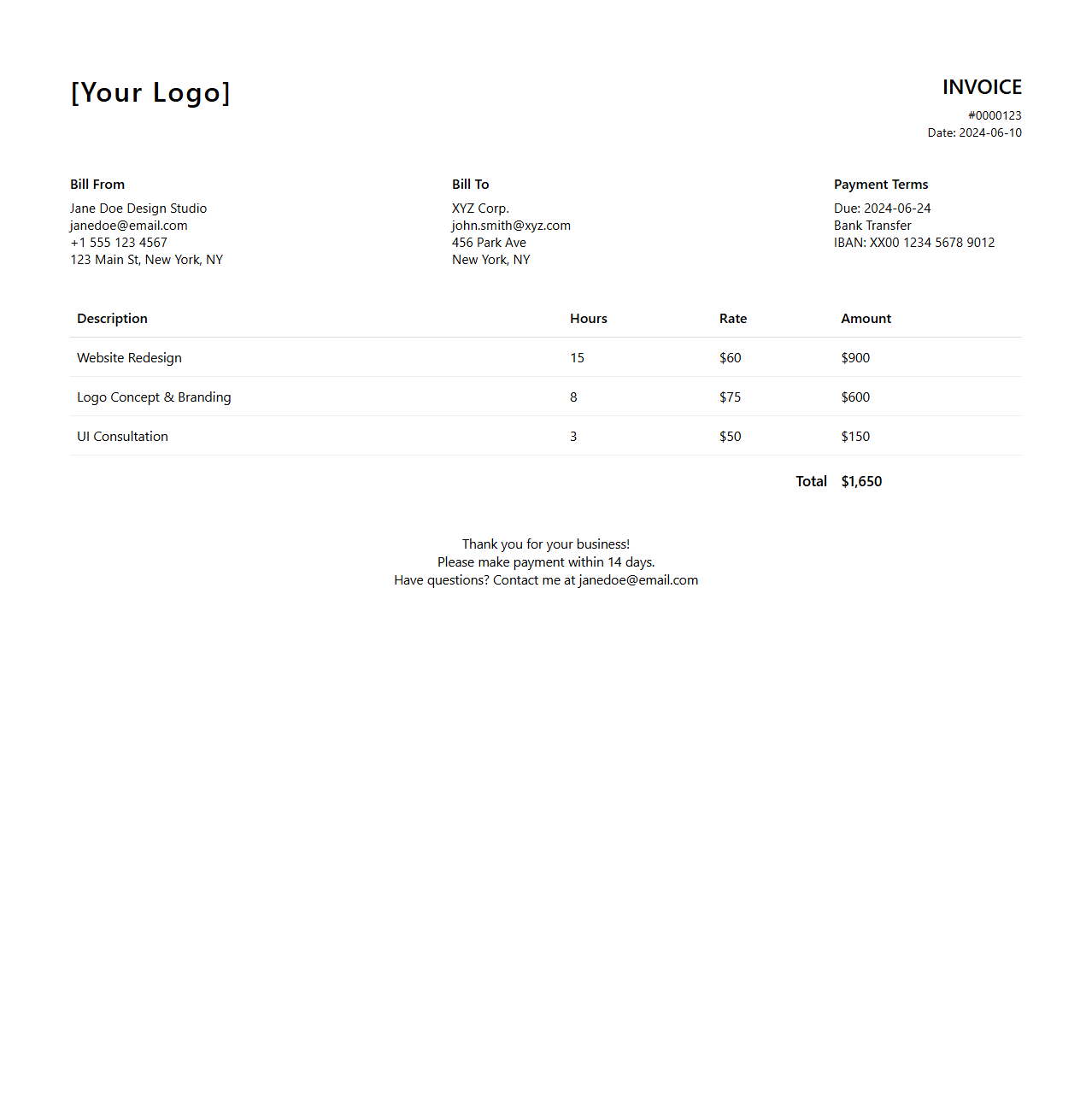 Clean Layout Invoice Template for Freelance Designers