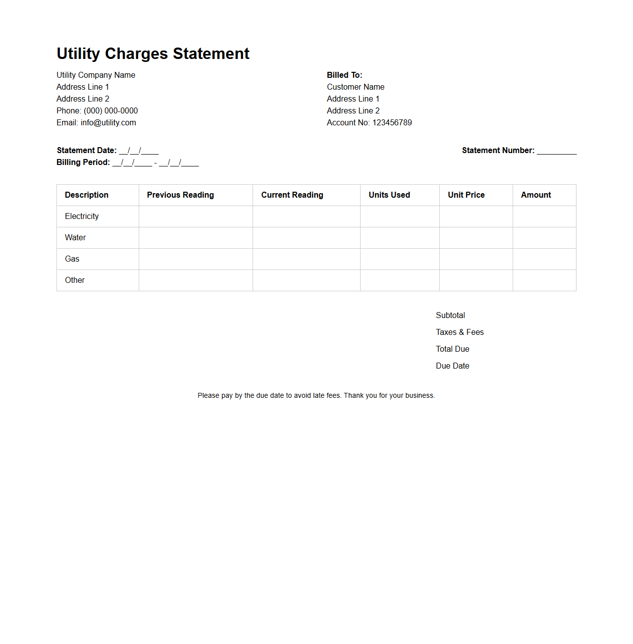 Clean Statement Template for Utility Charges