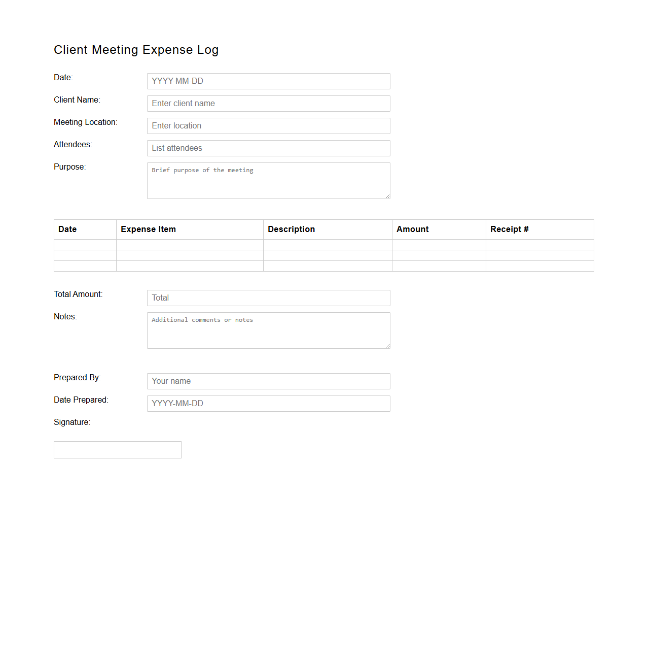 Client Meeting Expense Log Template for Professionals