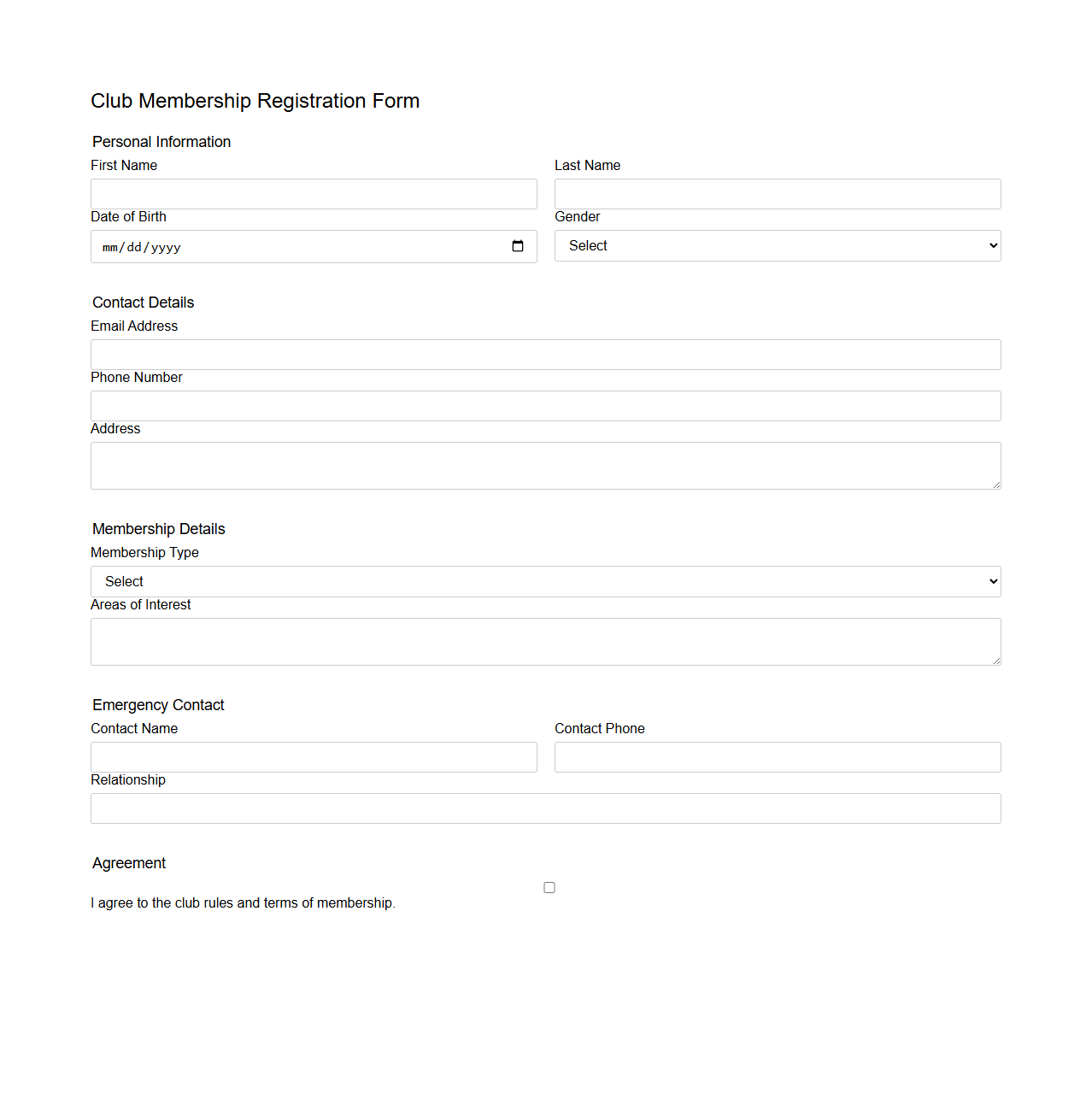 Club Membership Registration Form Template