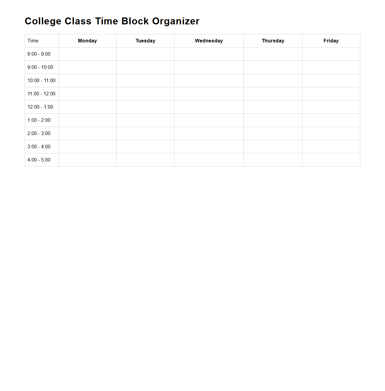 College Class Time Block Organizer