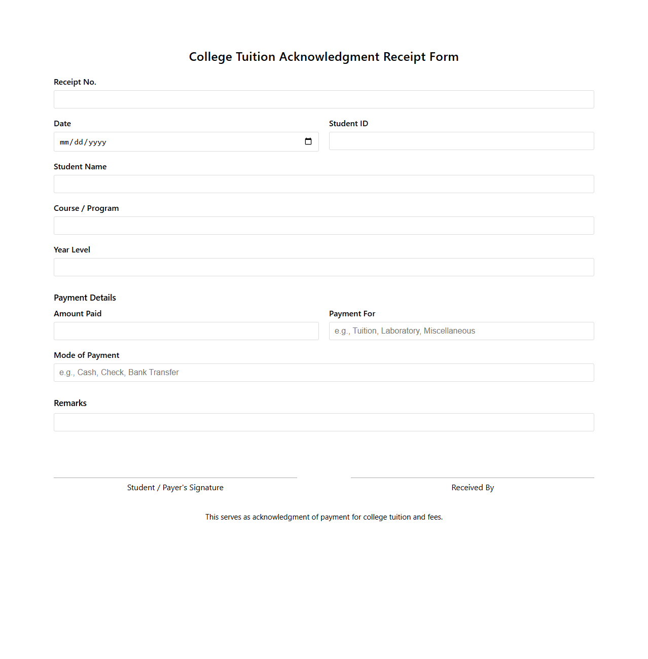 College Tuition Acknowledgment Receipt Form
