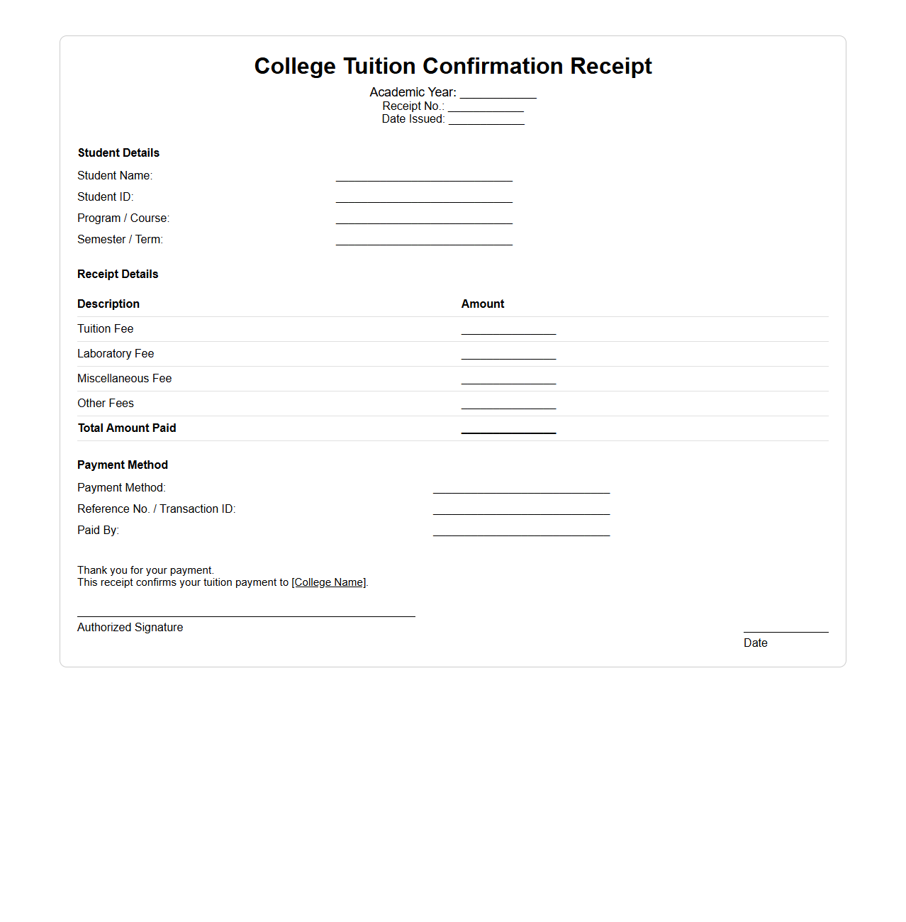 College Tuition Confirmation Receipt Template