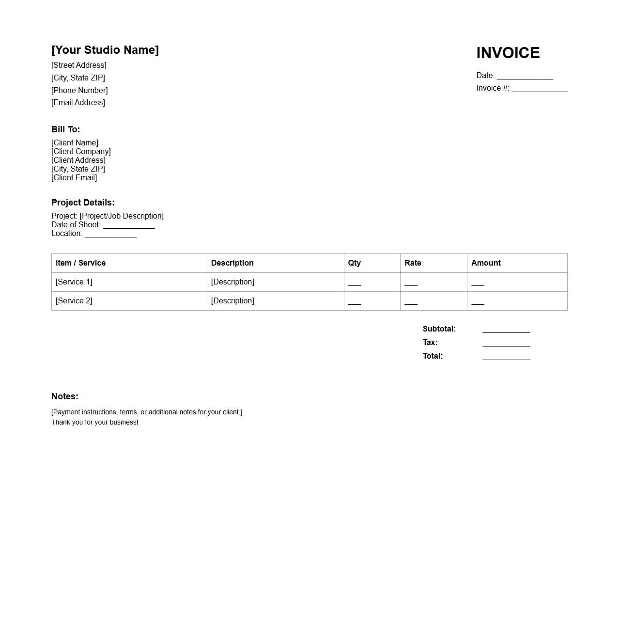 Commercial Photography Blank Invoice