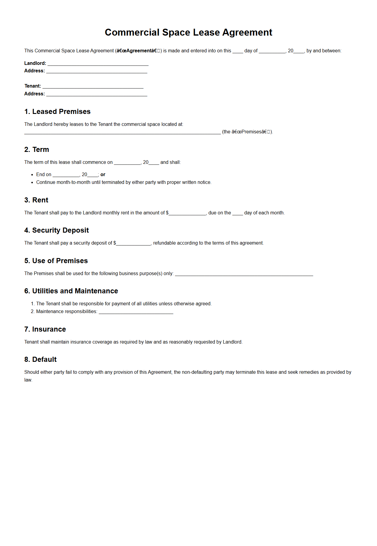 Commercial Space Lease Agreement Template