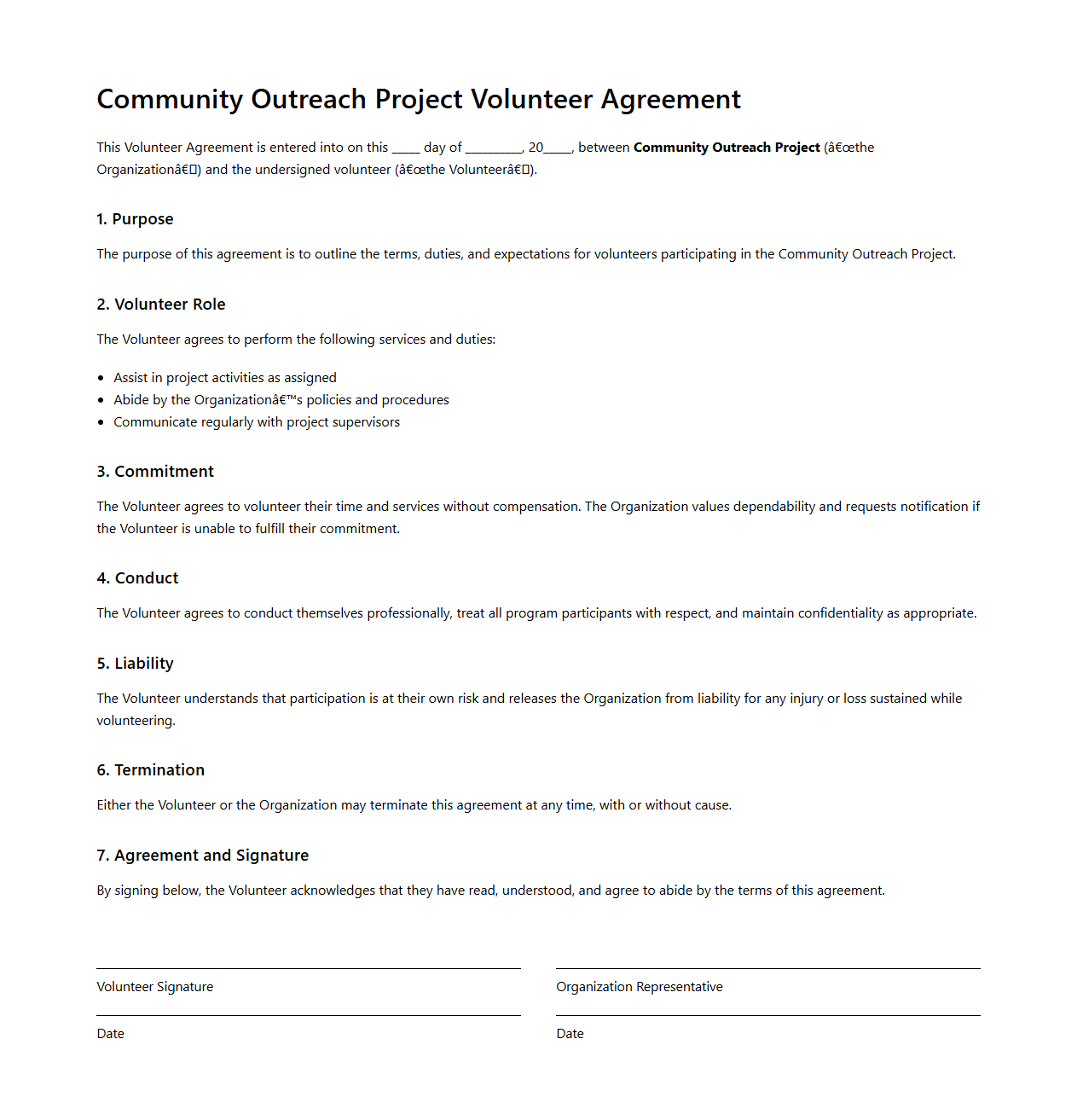 Community Outreach Project Volunteer Agreement