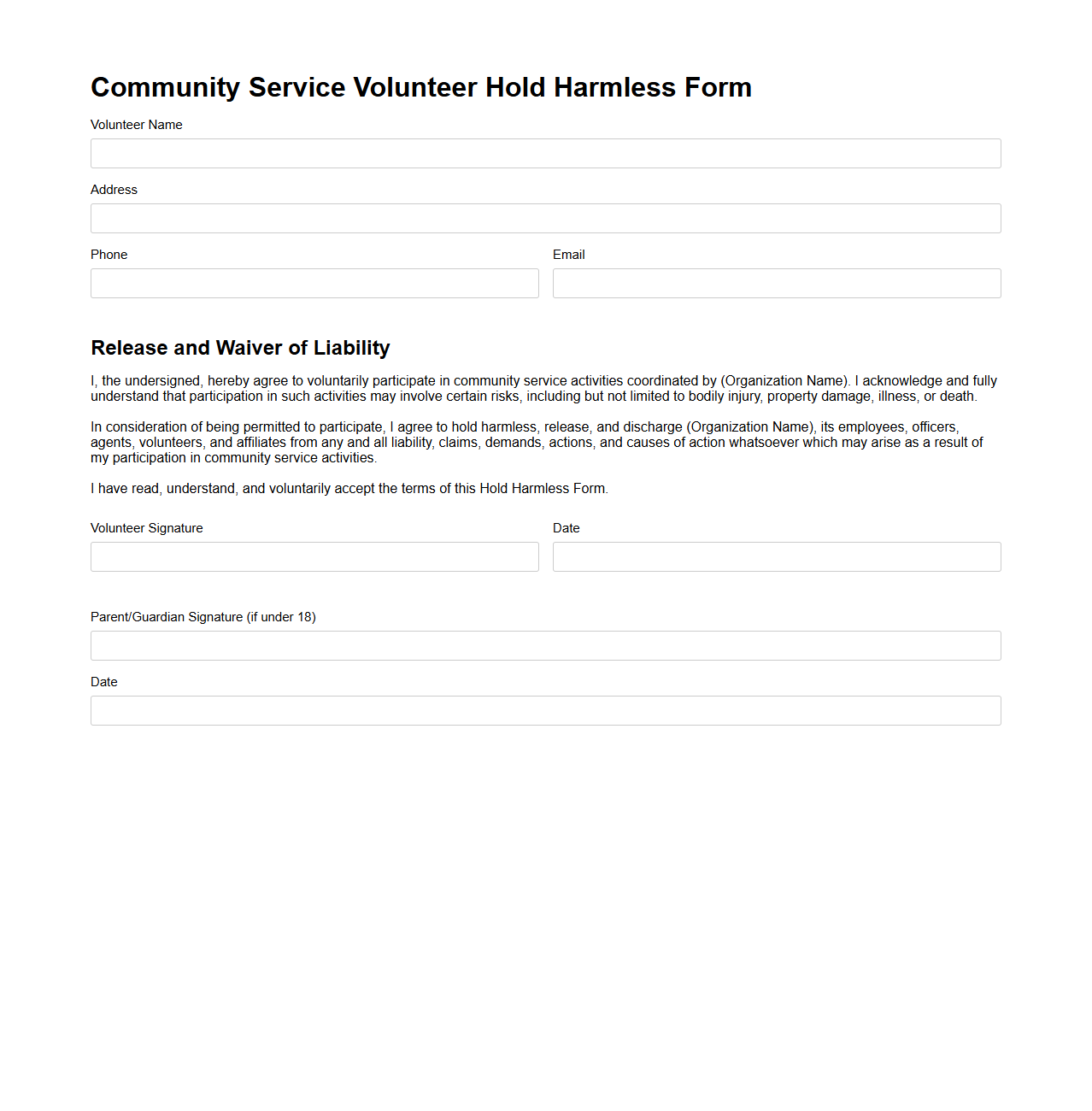 Community Service Volunteer Hold Harmless Form