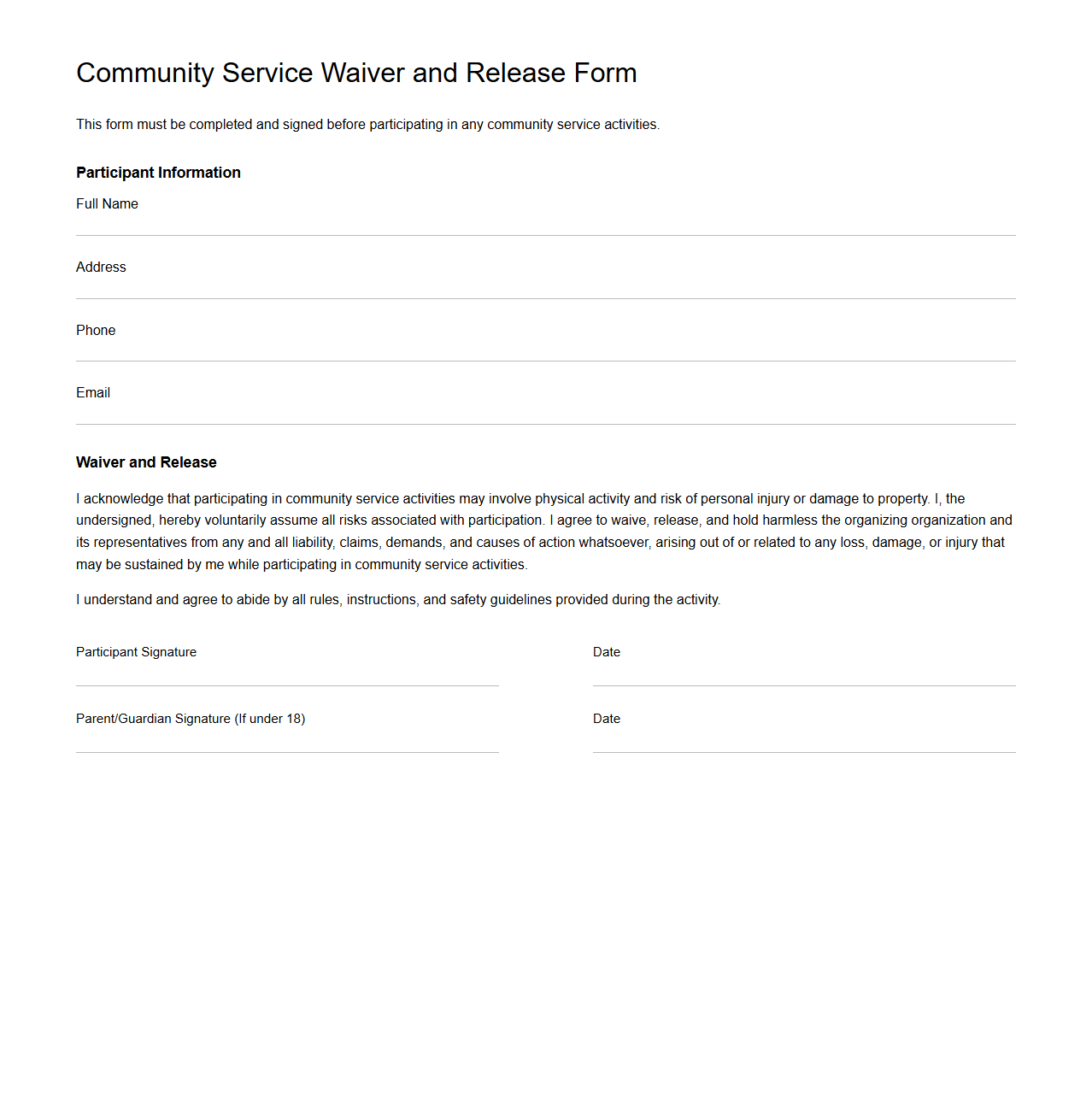 Community Service Waiver and Release Form