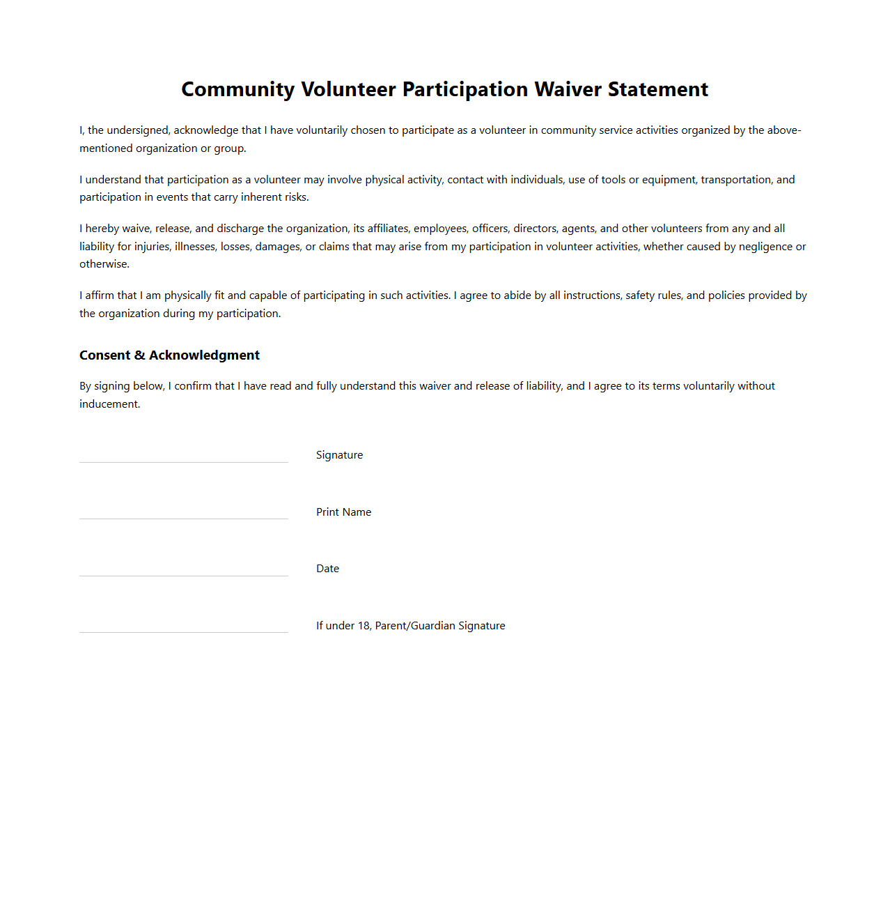 Community Volunteer Participation Waiver Statement