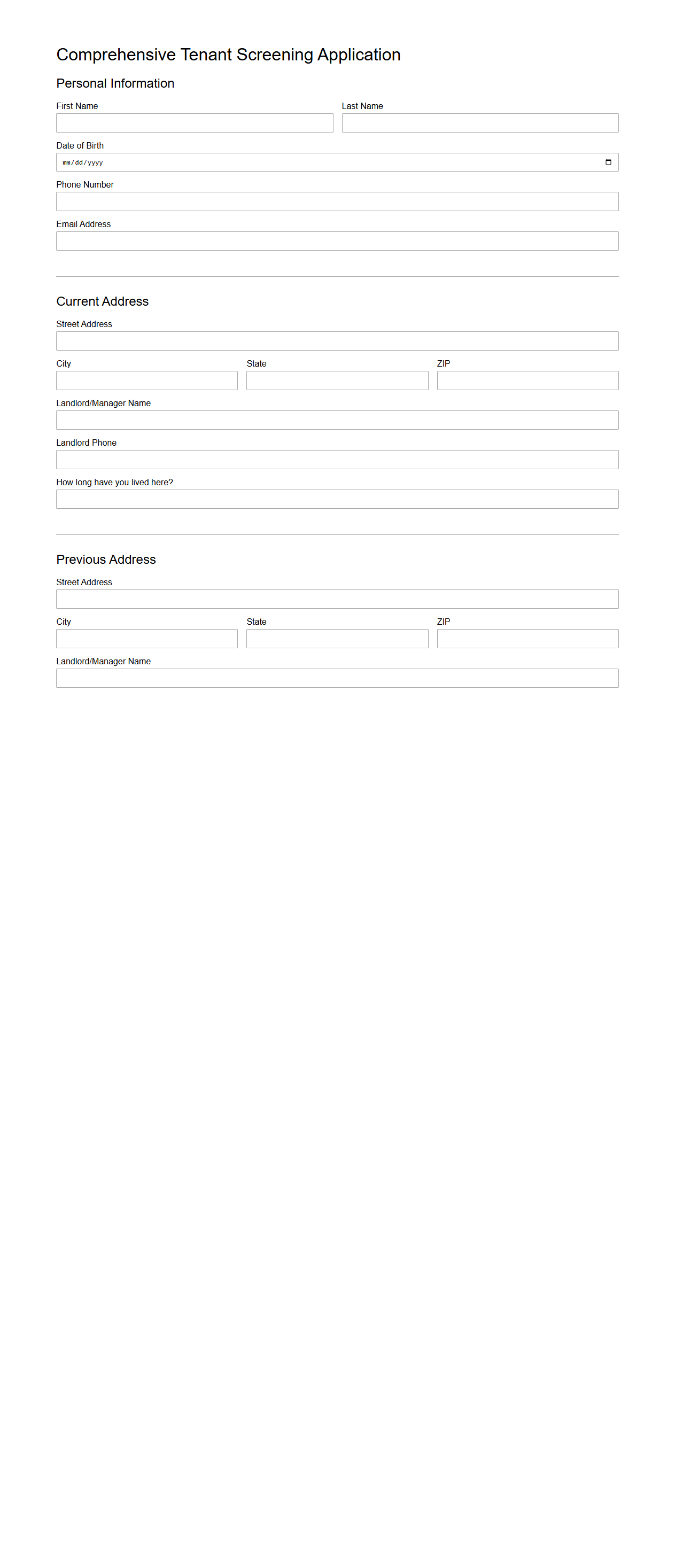 Comprehensive Tenant Screening Application Layout