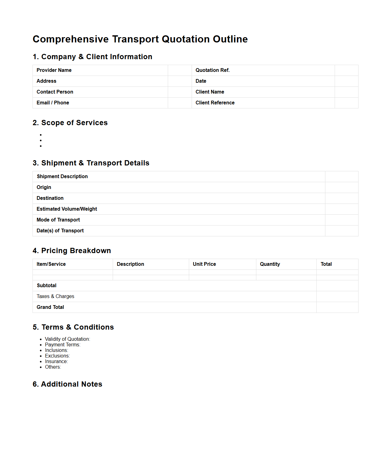 Comprehensive Transport Quotation Outline for Logistics