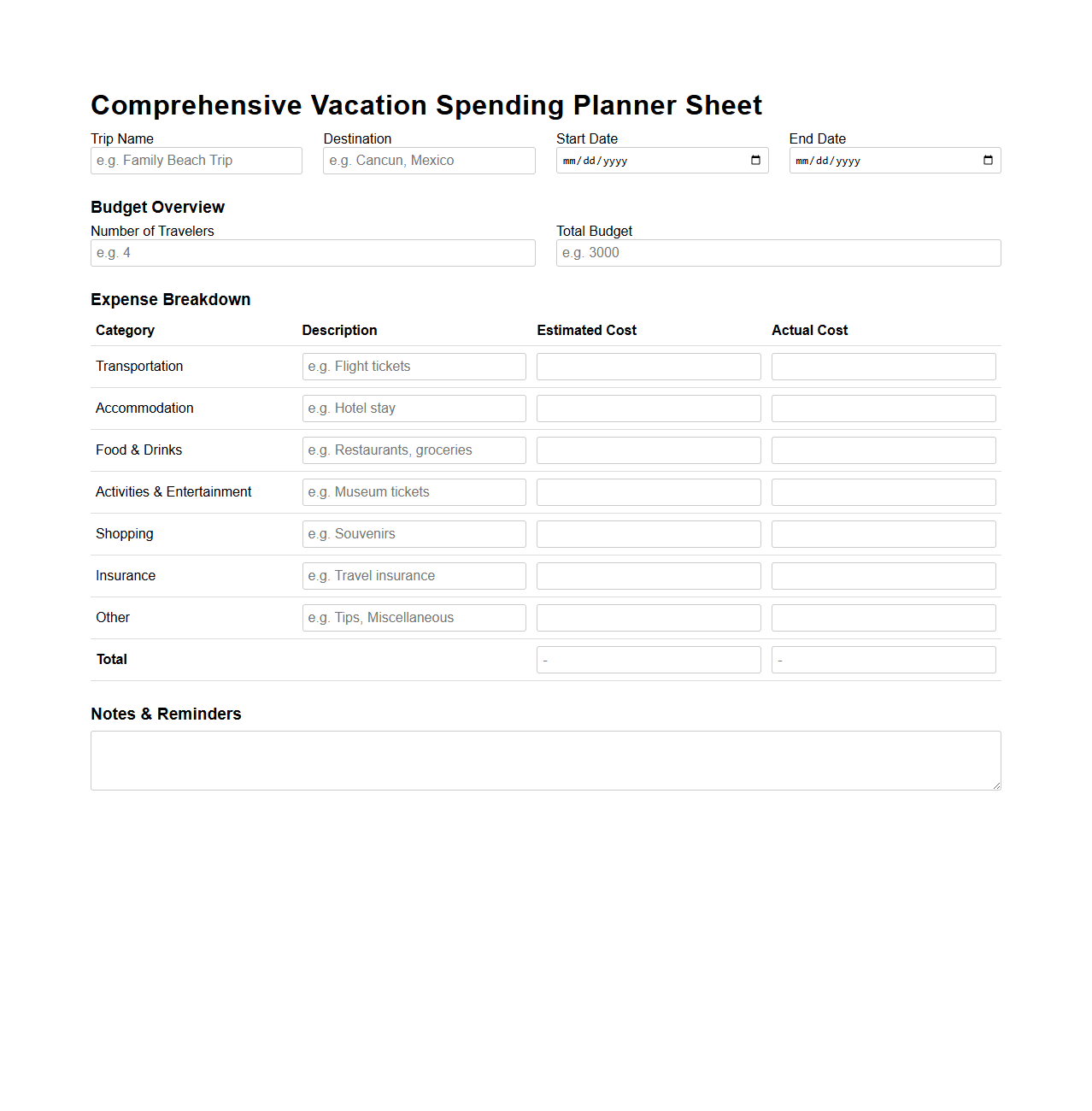 Comprehensive Vacation Spending Planner Sheet