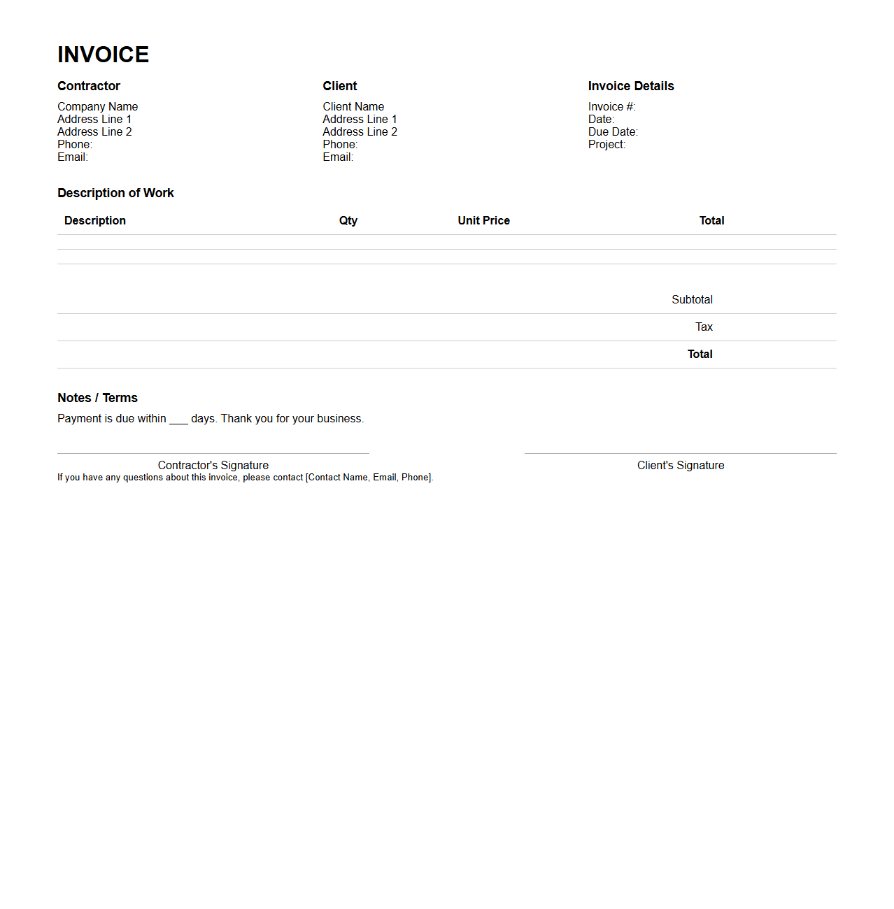 Construction Contractor Invoice Template