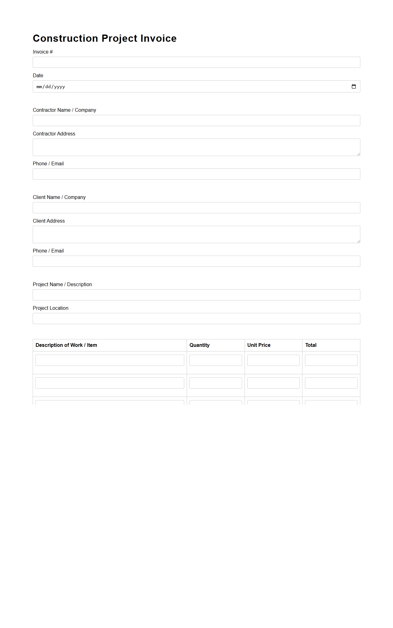 Construction Project Invoice Blank Form