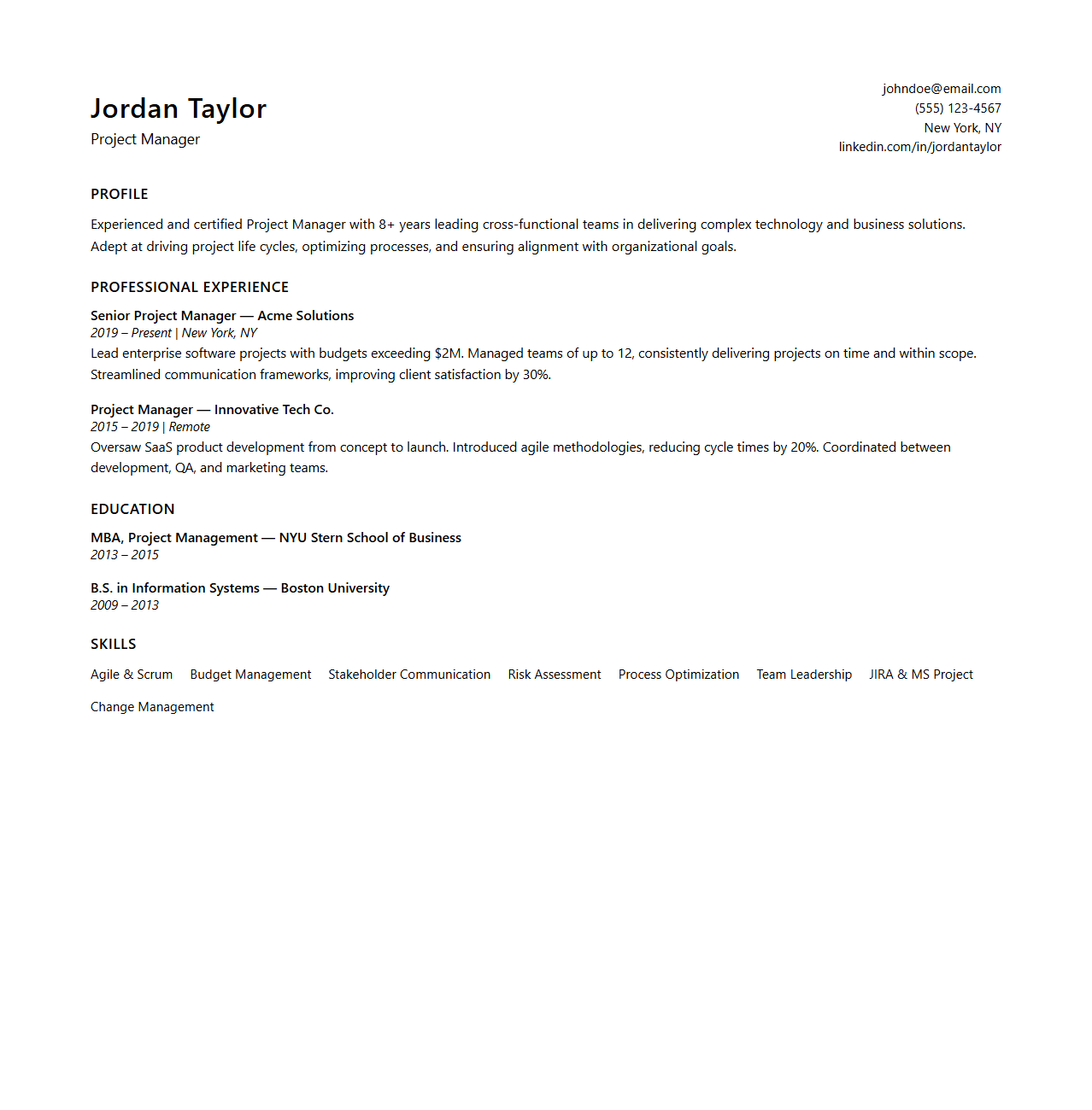Contemporary Resume Template for Project Managers