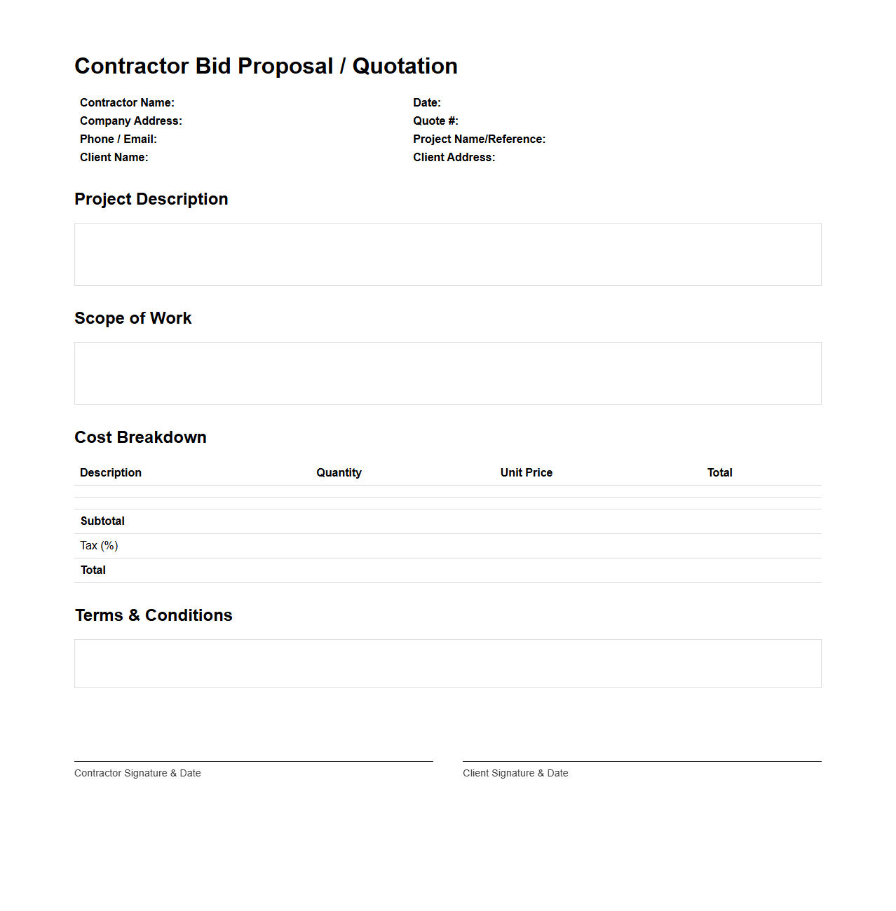 Contractor Bid Proposal Quotation Template