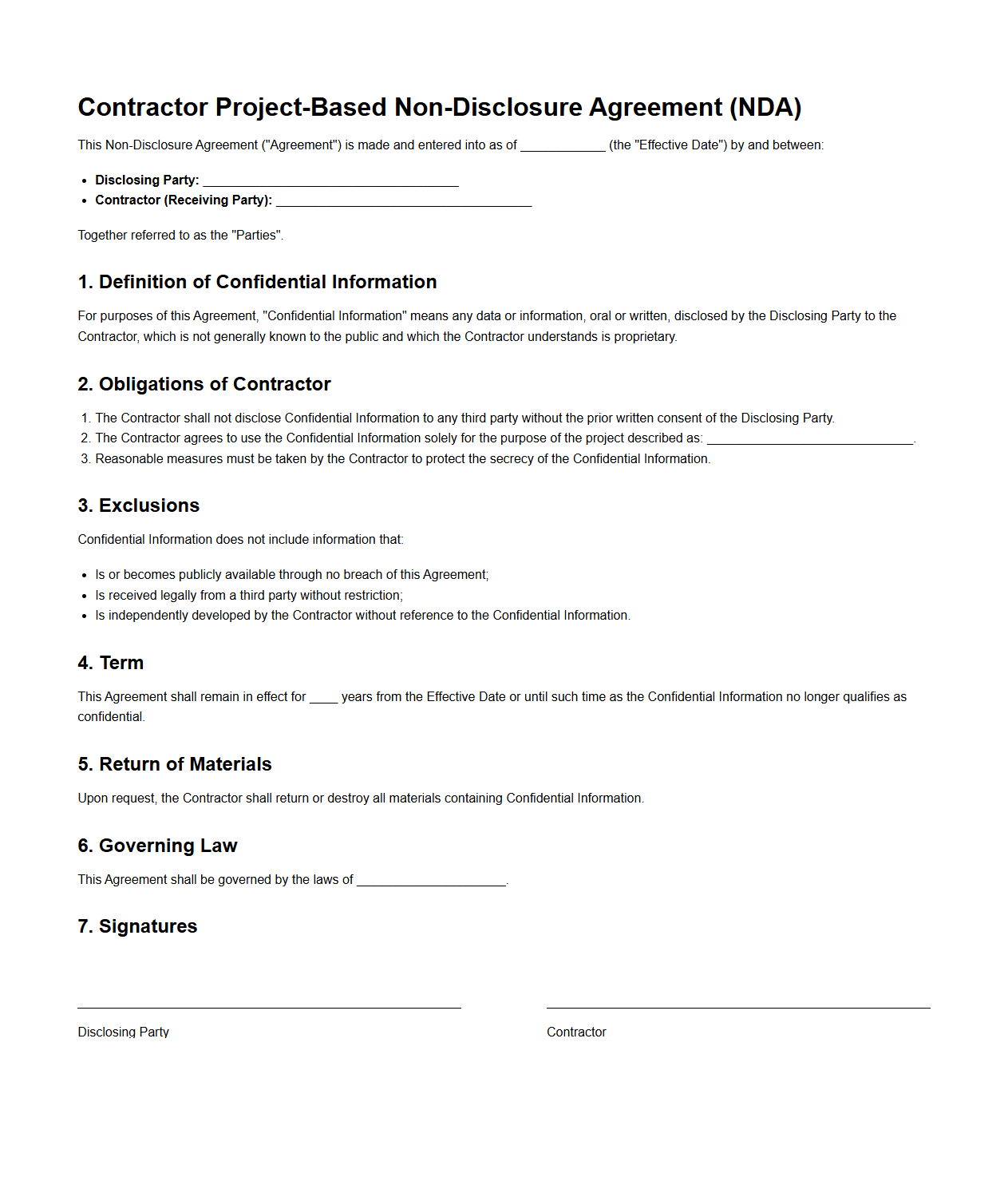 Contractor Project-Based NDA Template