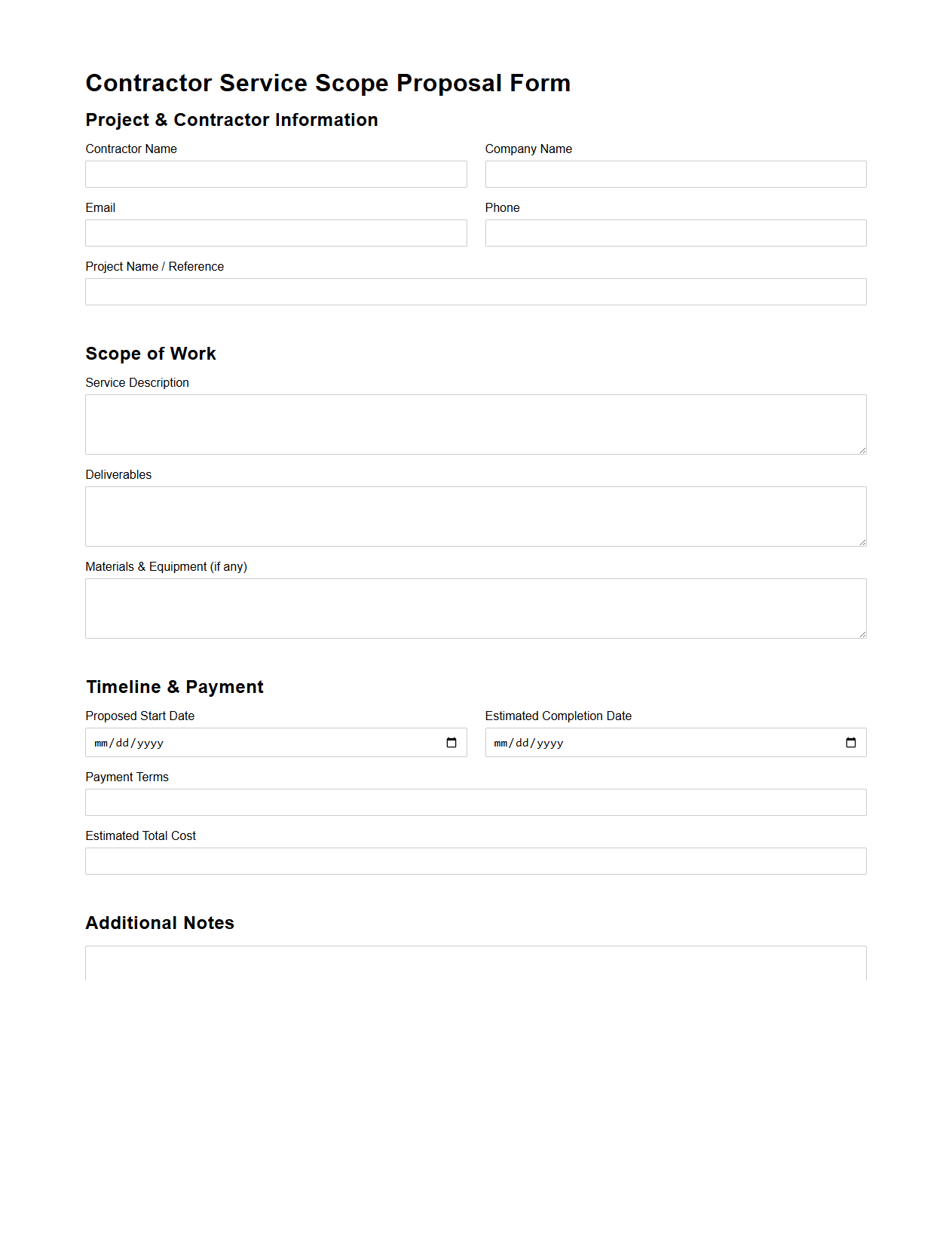 Contractor Service Scope Proposal Form
