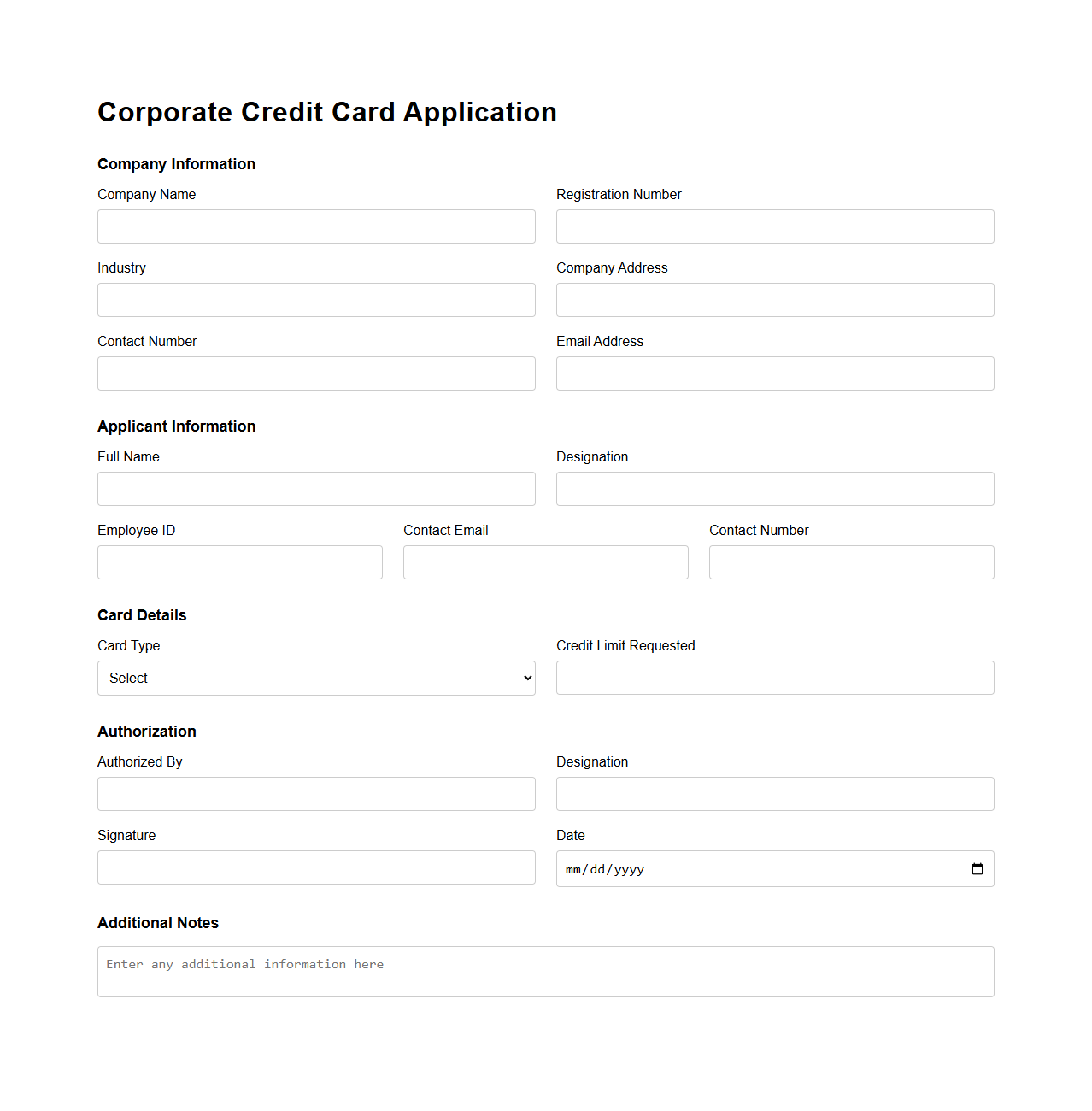 Corporate Credit Card Application Blank Template