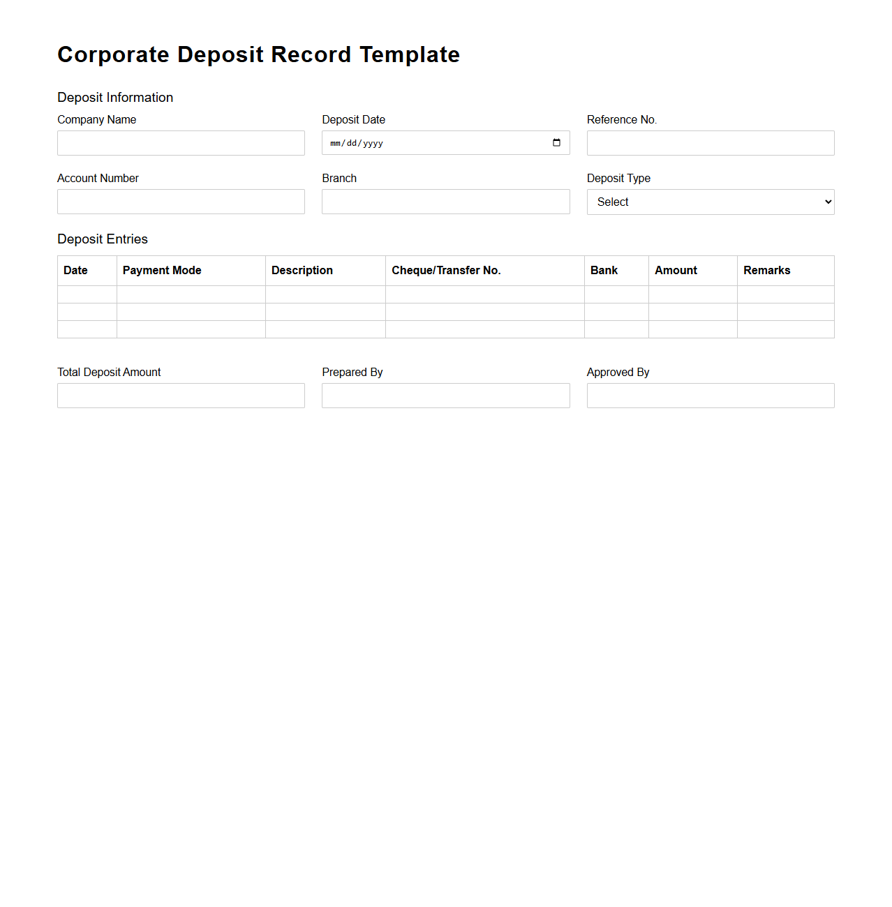 Corporate Deposit Record Template